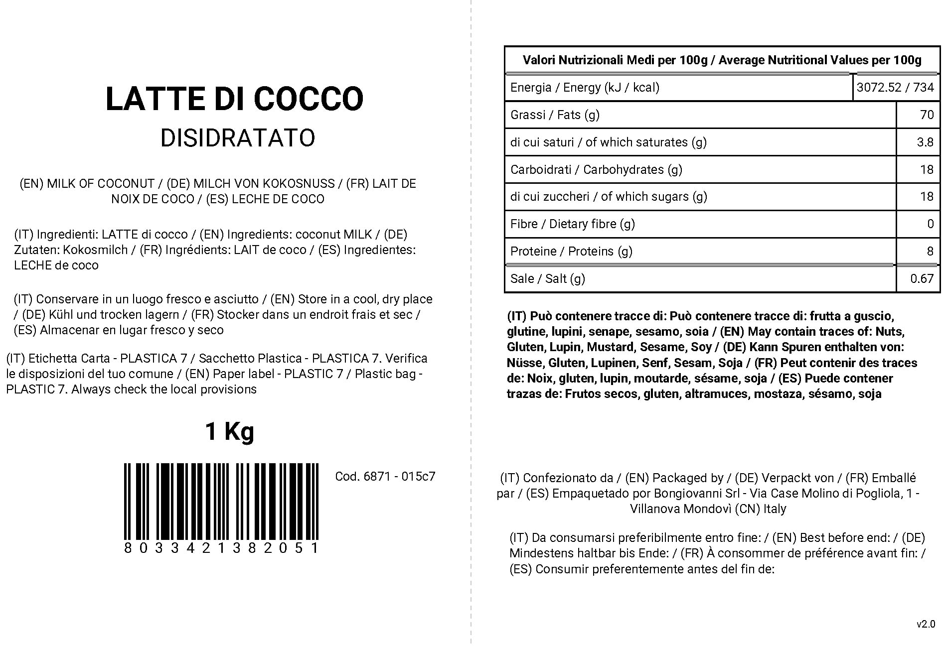 BONGIOVANNI FARINE E BONTA' NATURALI Lait de coco déshydraté 1kg