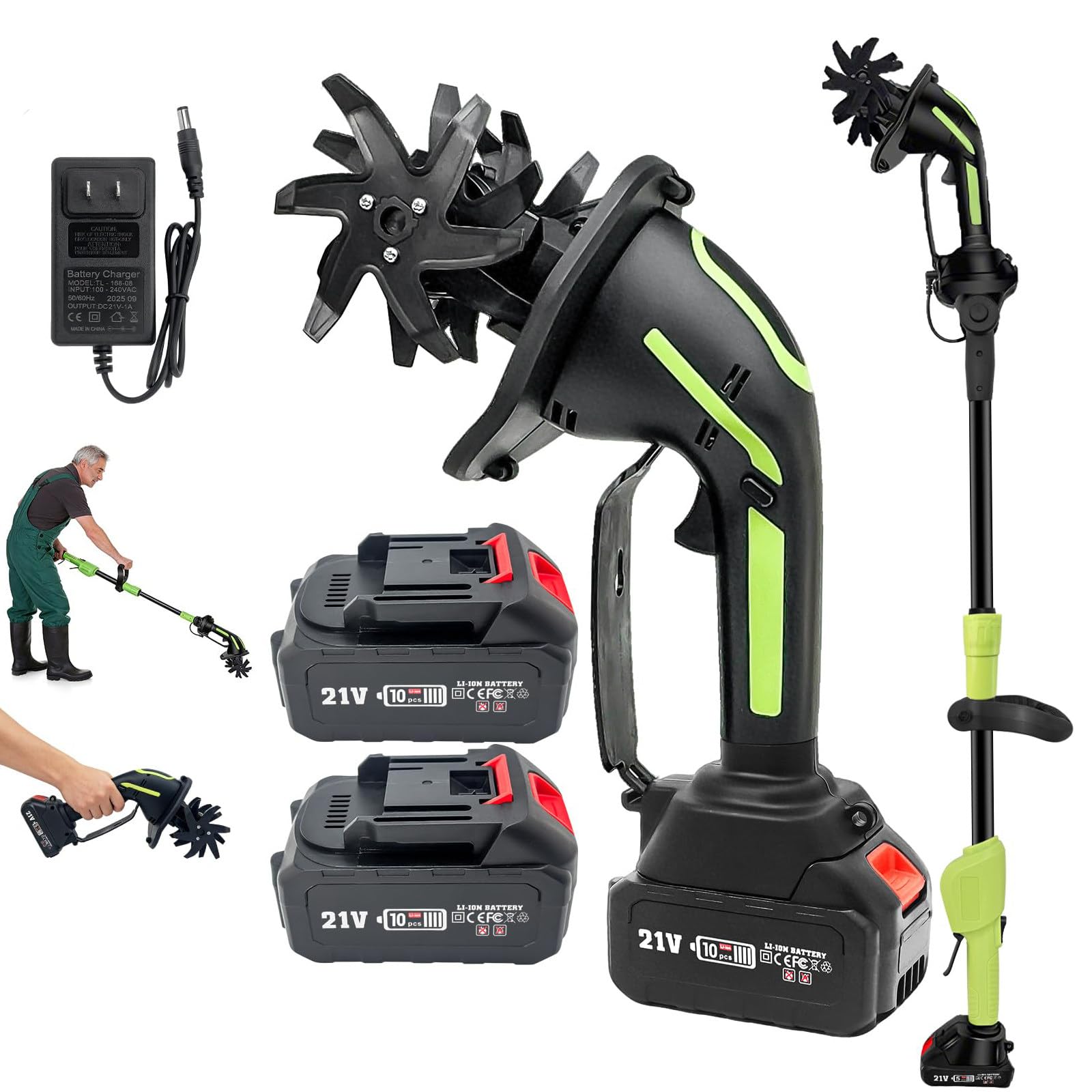 GSHSHOU 2-in-1 Cordless Tiller & Cultivator with Extension Pole, Cordless Tiller Cultivator with 13"-51" Extendable Pole, 2.6 Lbs Ultralight Body for Soil Tilling Weeding Batteryx2-Pole