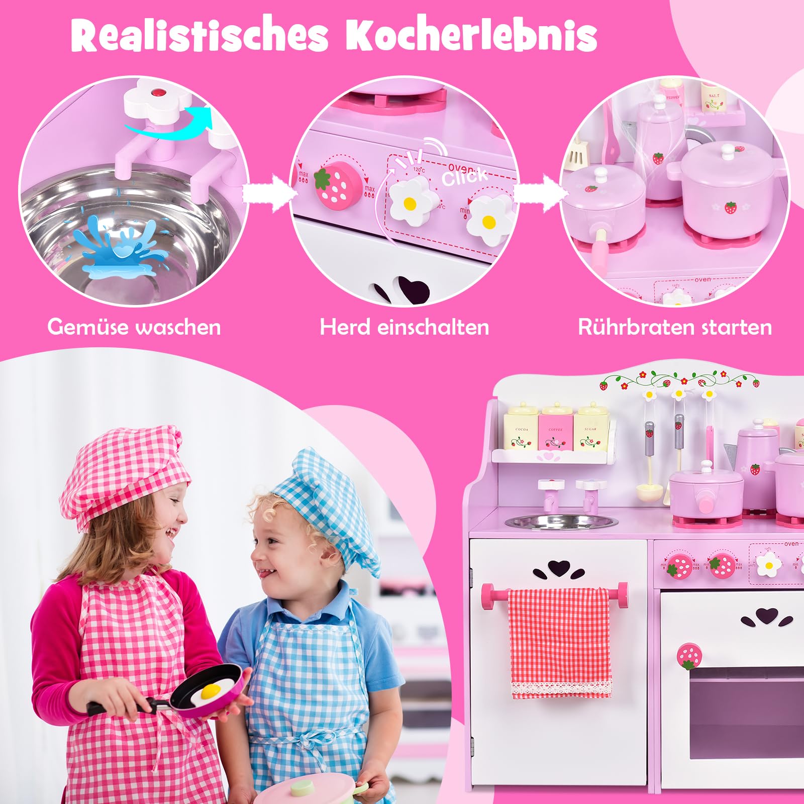 DREAMADE Kinderküche Spielküche aus Holz mit Spielzubehör, Kinderspielküche mit Waschbecken Herd Backoffen, Holzküche Spielzeugküche für Kinder ab 3 Jahren, 60 x 30 x 62 cm