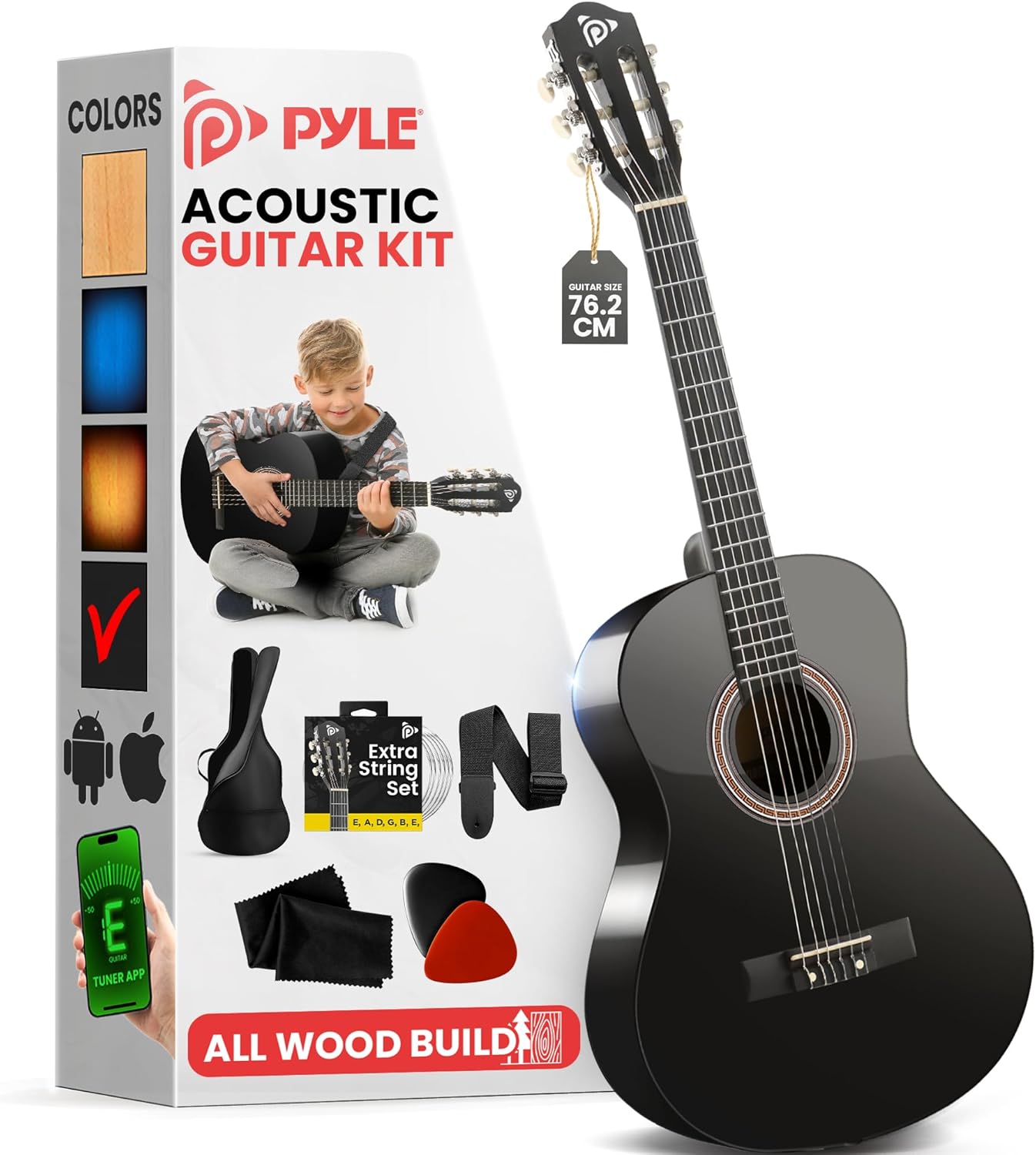 Pyle Beginner Acoustic Guitar Kit, 1/4 Junior Size All Wood Instrument for Adults, Kids, 30" Black Matte