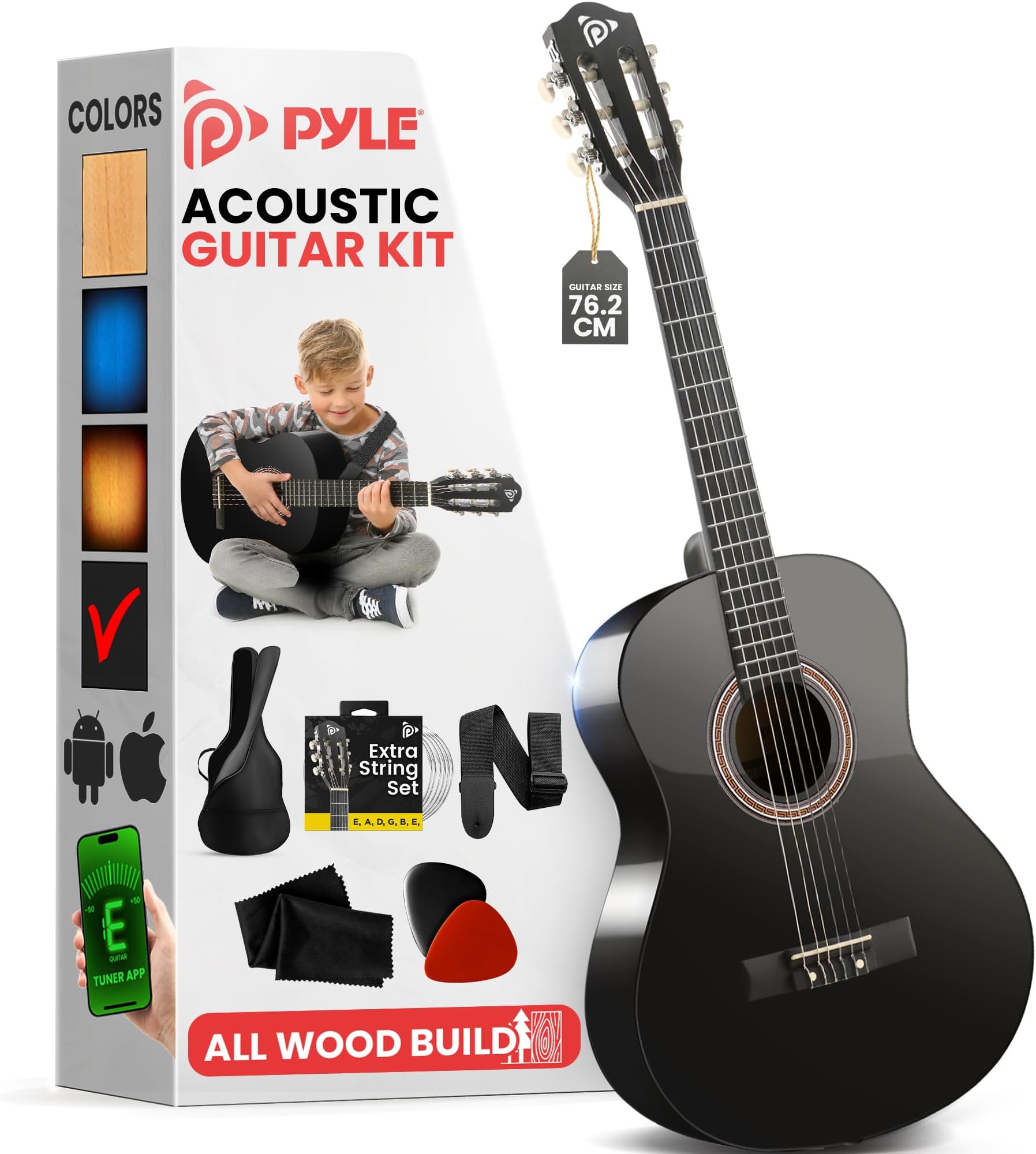 Beginner Acoustic Guitar Kit, 1/4 Junior Size All Wood Instrument for Adults, Kids, 30" Black Matte