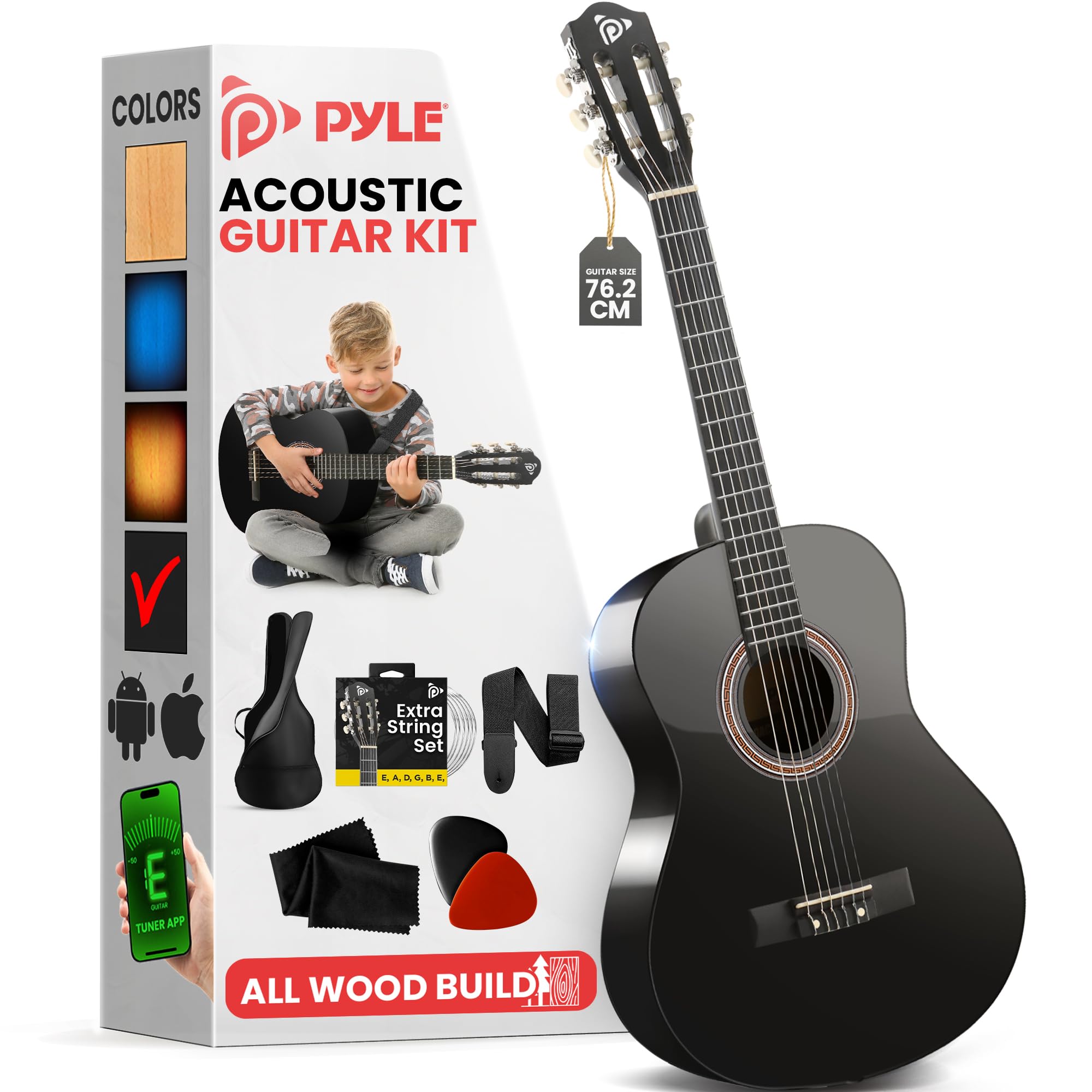 Pyle Beginner Acoustic Guitar Kit, 1/4 Junior Size All Wood Instrument for Adults, Kids, 30" Black Matte