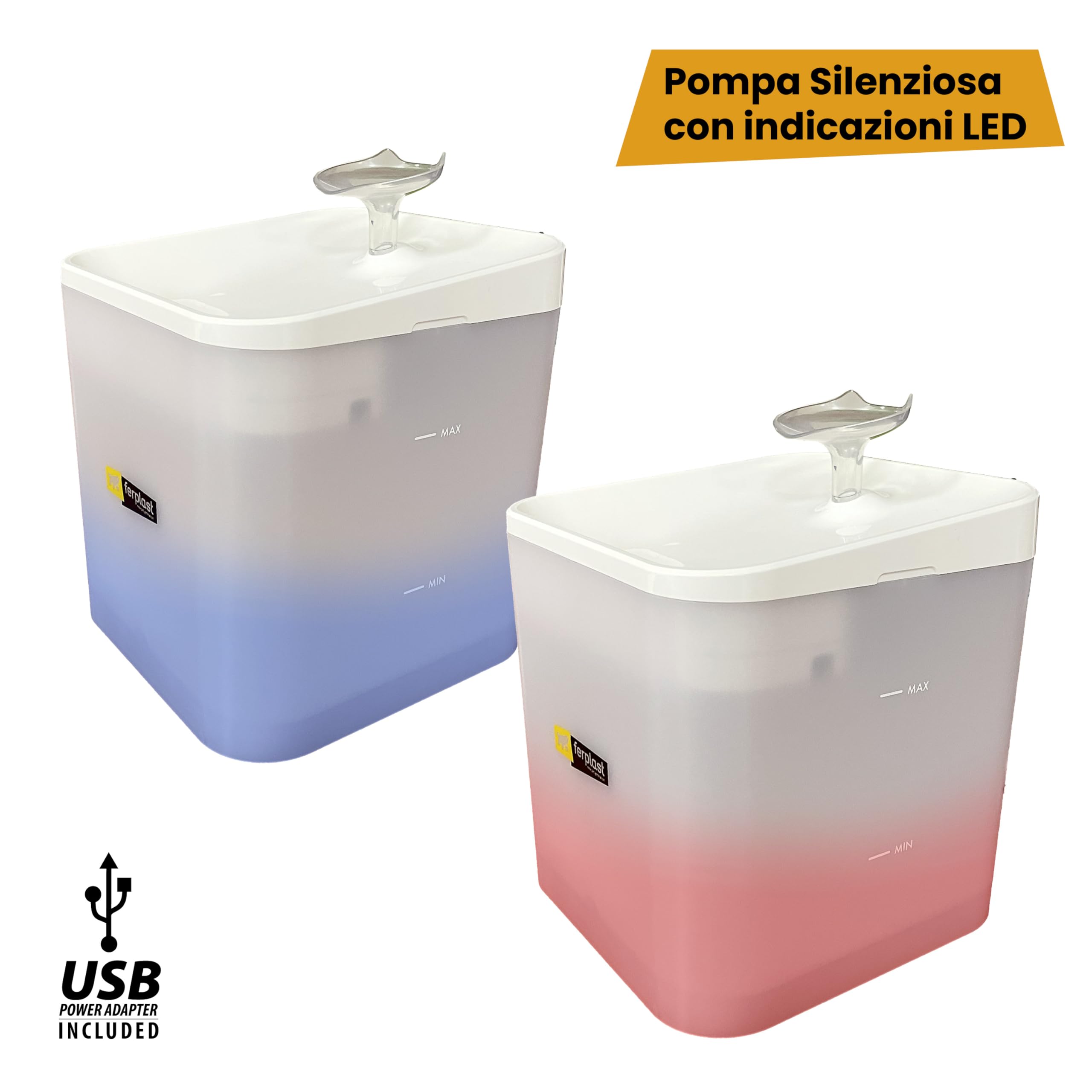 Ferplast Fontanella per Gatti e Cani ARES, 2L Capacità, Indicatore LED Livello Acqua, Sistema di Triplo Filtraggio, 3 Punti di Bevuta, Flusso Delicato, Silenziosa, Alimentatore Incluso