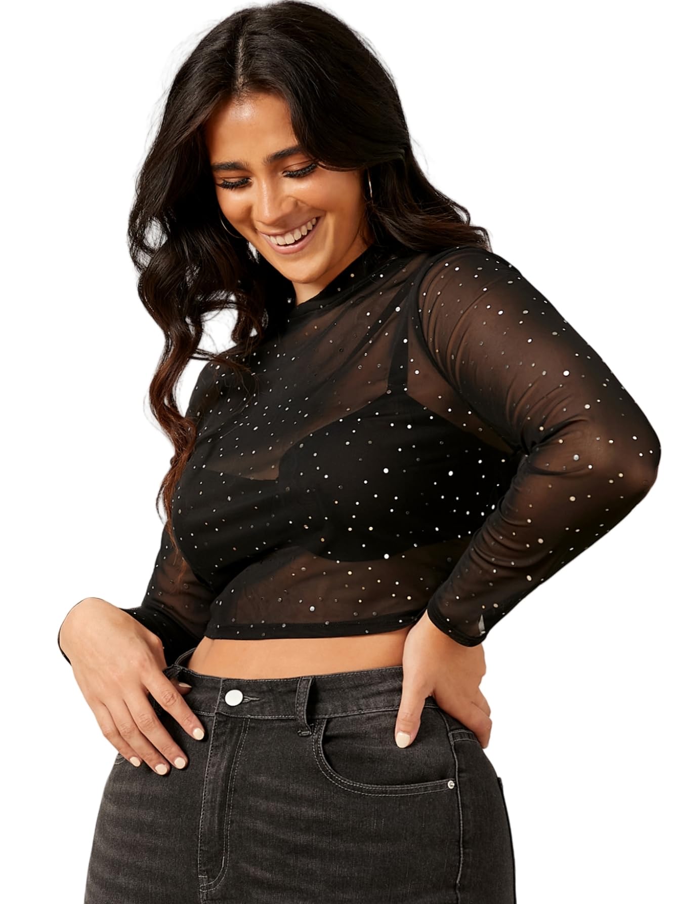 WDIRARA Women's Plus Size Sheer Mesh See Through Mock Neck Rhinestone Crop Top
