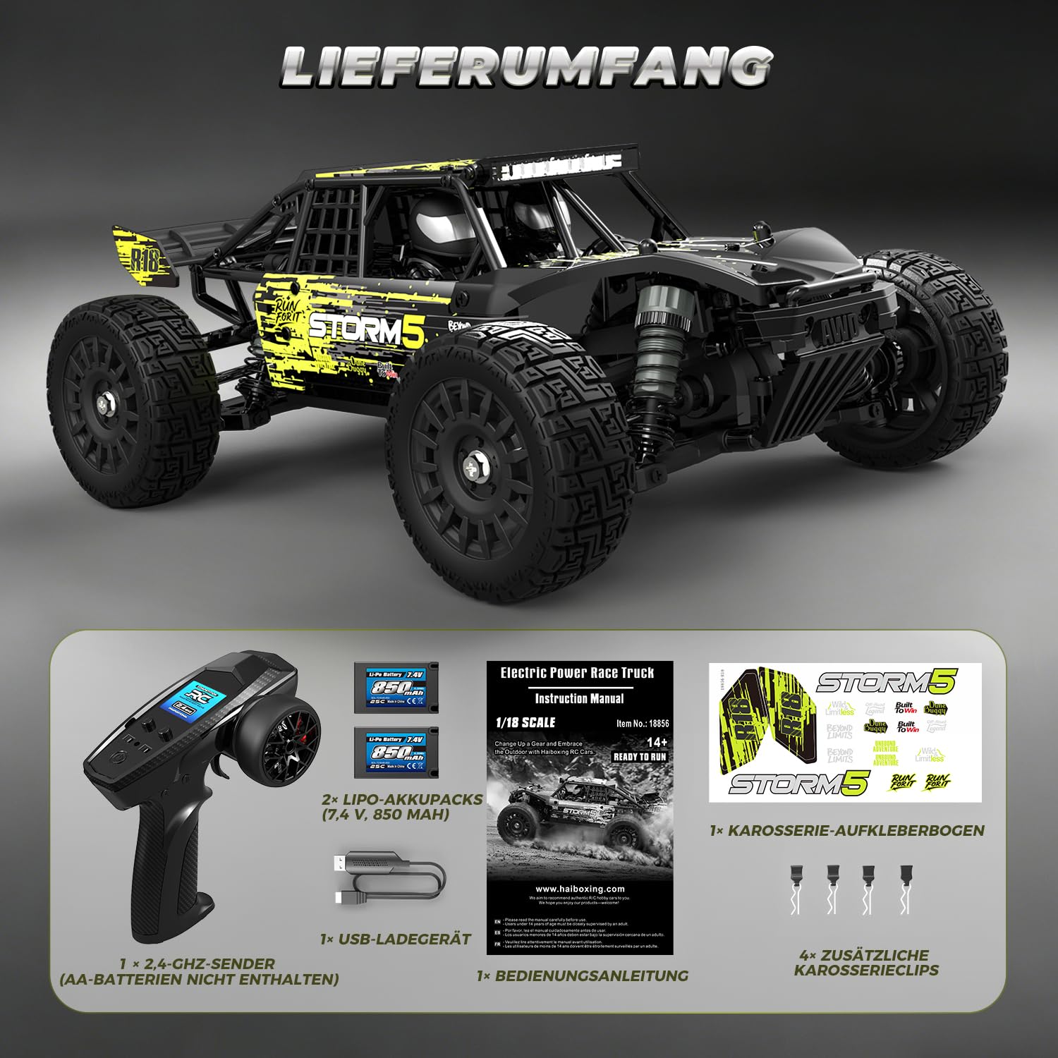 HAIBOXING 18856 1:18 4WD Ferngesteuertes Auto Offroad Monstertruck, 36 km/h Hochgeschwindigkeits RC Auto, Wasserdichter Geländewagen mit 2 Akkus, Spielzeug für Kinder und Erwachsene