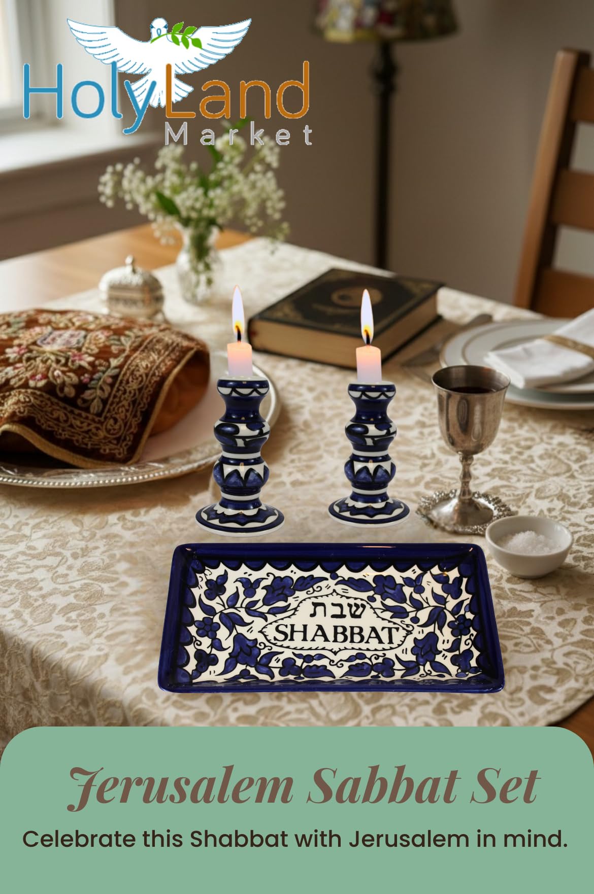 Holy Land Market Shabbat Kerzenständer Set Keramik Blau Kerzenhalter