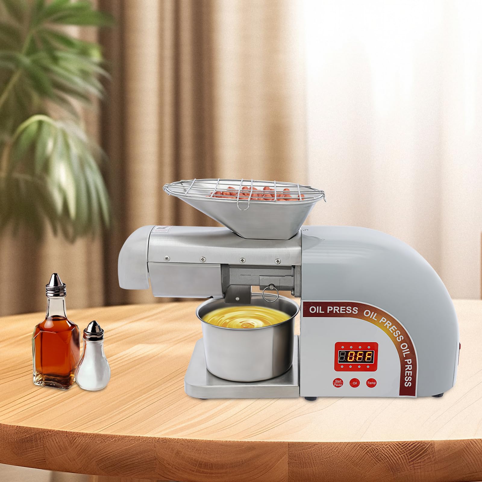 Máquina de prensa de aceite, 1800 W, 0-300 °C, regulación de temperatura, extracción de aceite utomática, 5-8 kg/h, 95% de rendimiento de aceite, función de fritura, funcionamiento sin supervisión