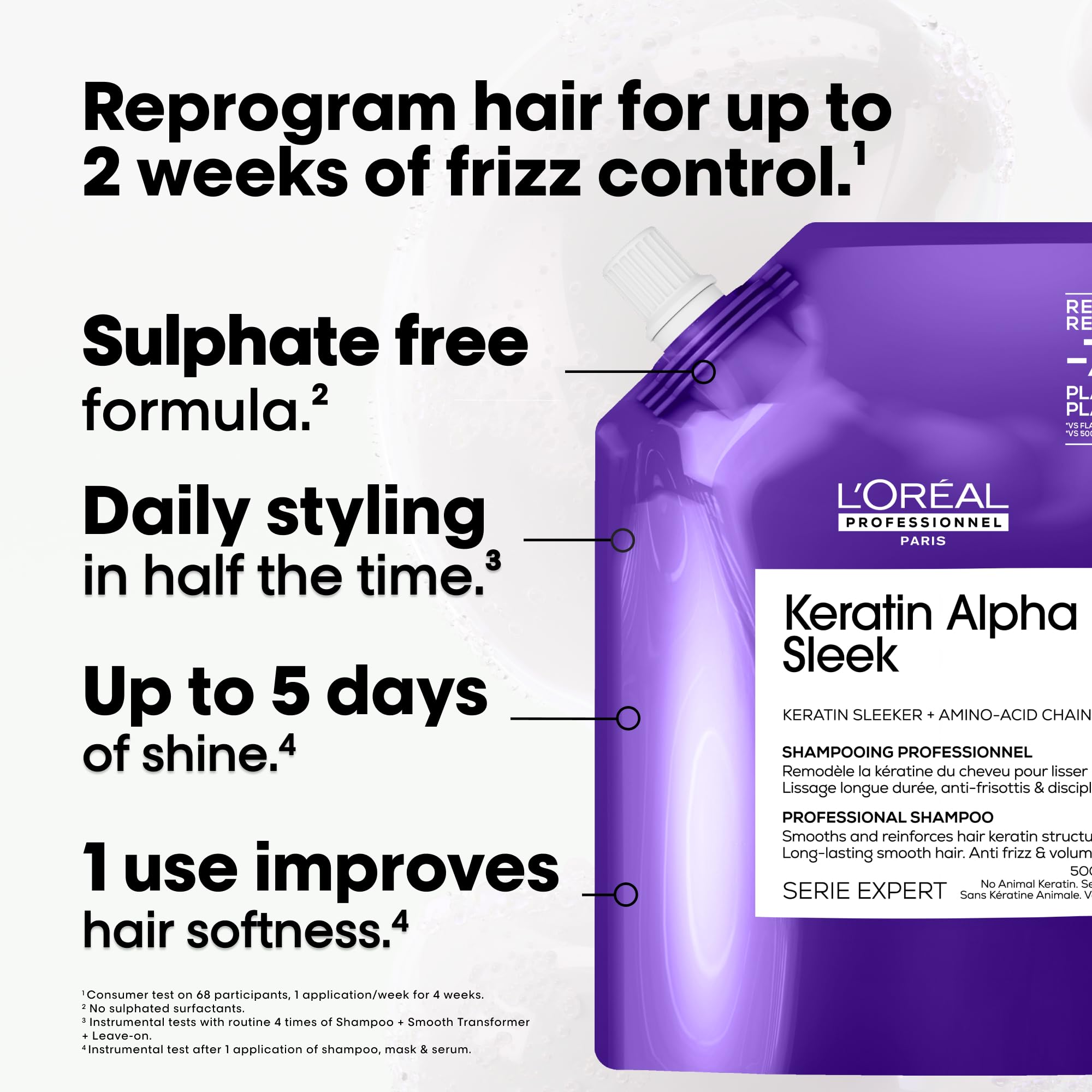 L'Oréal Professionnel Keratin Alpha Sleek Sulphate-Free Shampoo for Smoothing & Frizz Control, Hydration, Softness & Shine, Suitable for Coloured, Frizzy Hair, 500ml Refill - 3