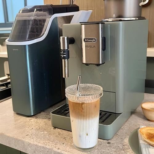 Miniatura 8 de Paquete de 4 vasos de vidrio con tapas y pajitas, vaso de café helado acanalado de 12 onzas, cristalería a rayas transparentes con cepillo de