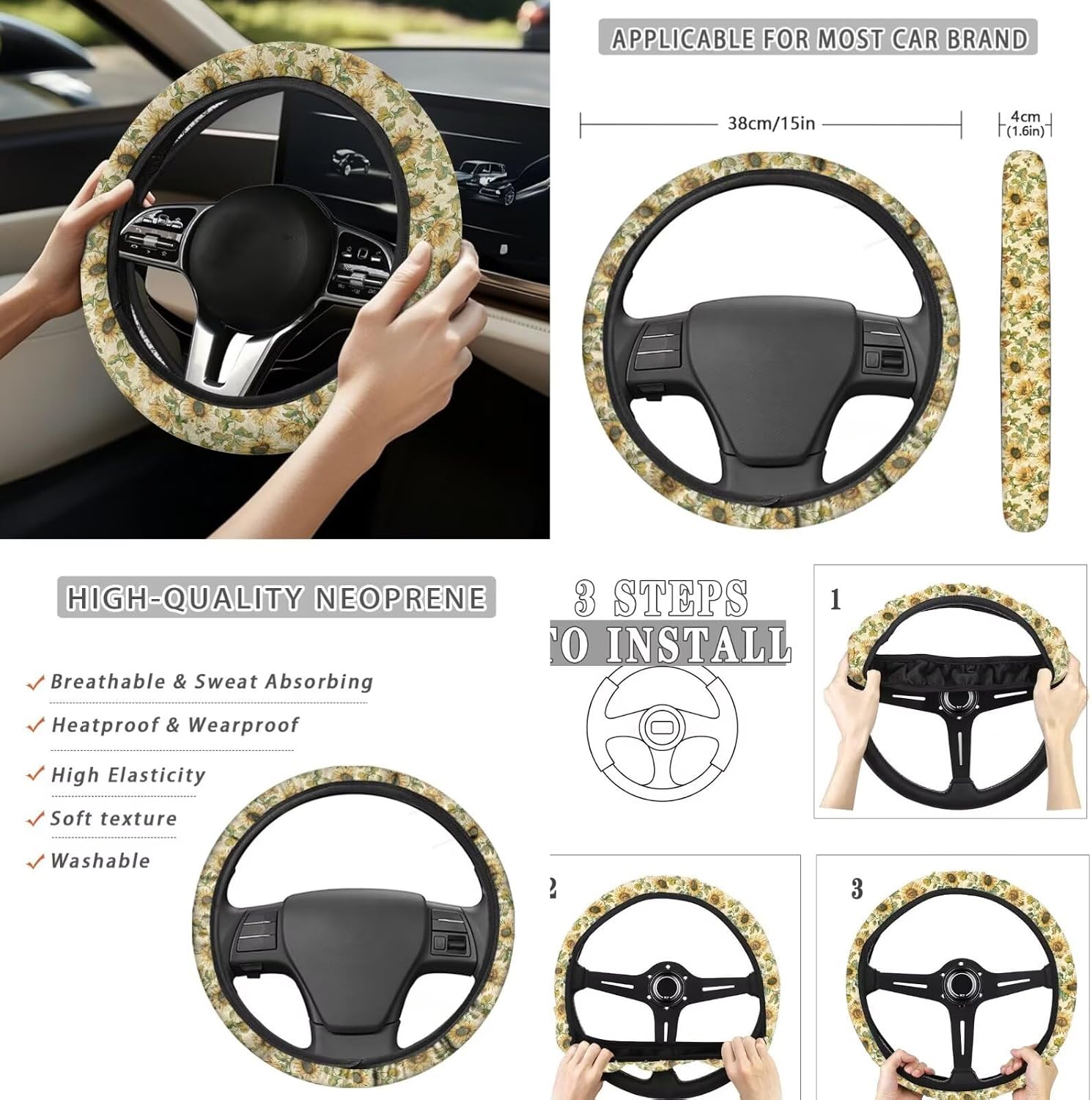 Coldinair Vintage Sunflower 16 Pack Car Seat Cover Full Set with Non Slip Steering Wheel Covers+Center Console Pad Decorative Auto Interior Accessories for SUV Truck Sedan image 3