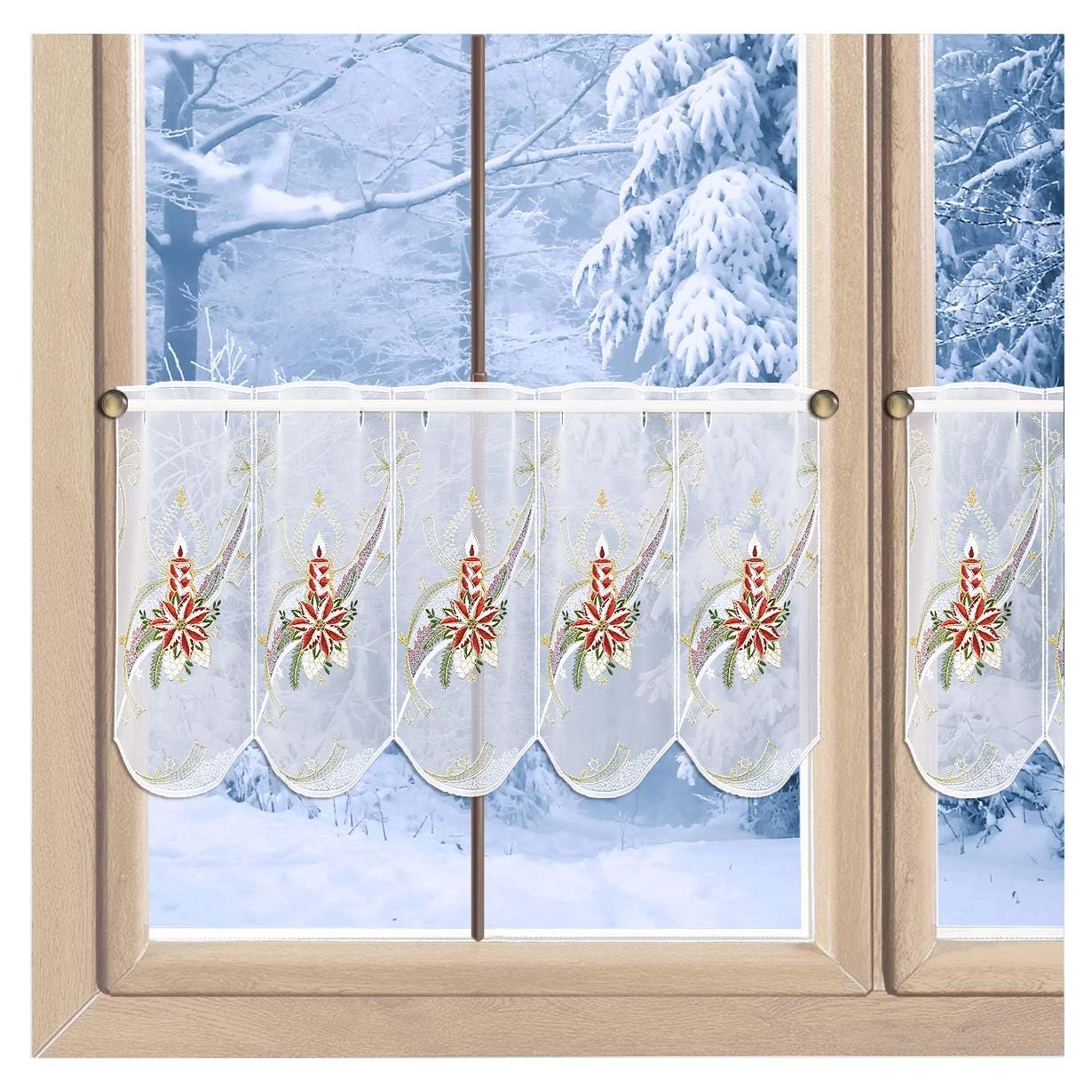 Scheibengardine Goldener Kerzenschein Vogtländische Spitze | Bestickte Winter-Kurzgardine mit Adventskerze | Klassische Bistrogardine mit rotem Weihnachtsstern | Scheibenhänger H x B 35 x 208 cm