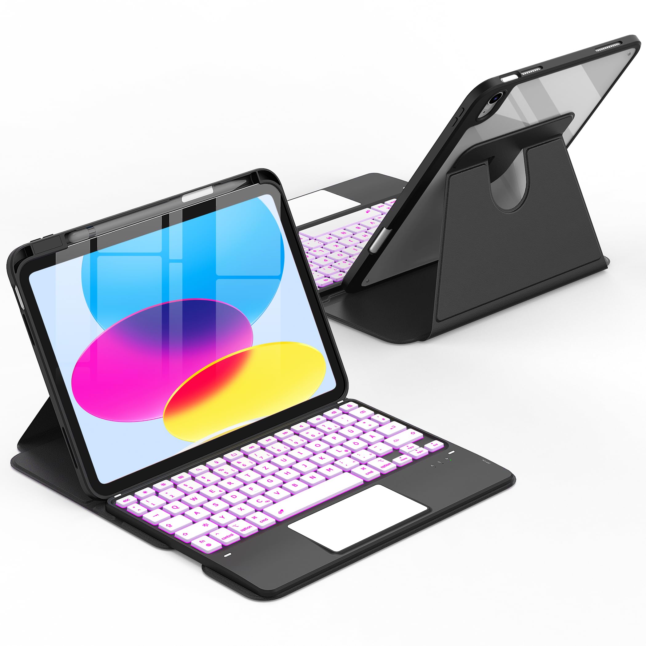 CACOE Drehbare Hülle mit Tastatur für iPad (A16) 11/10 Generation (11/10.9 Zoll) 2025/2022 mit Touchpad, 7-Farbige Beleuchtung Abnehmbare Kabellose Tastatur 360° Drehung mit Standfunktion, Schwarz