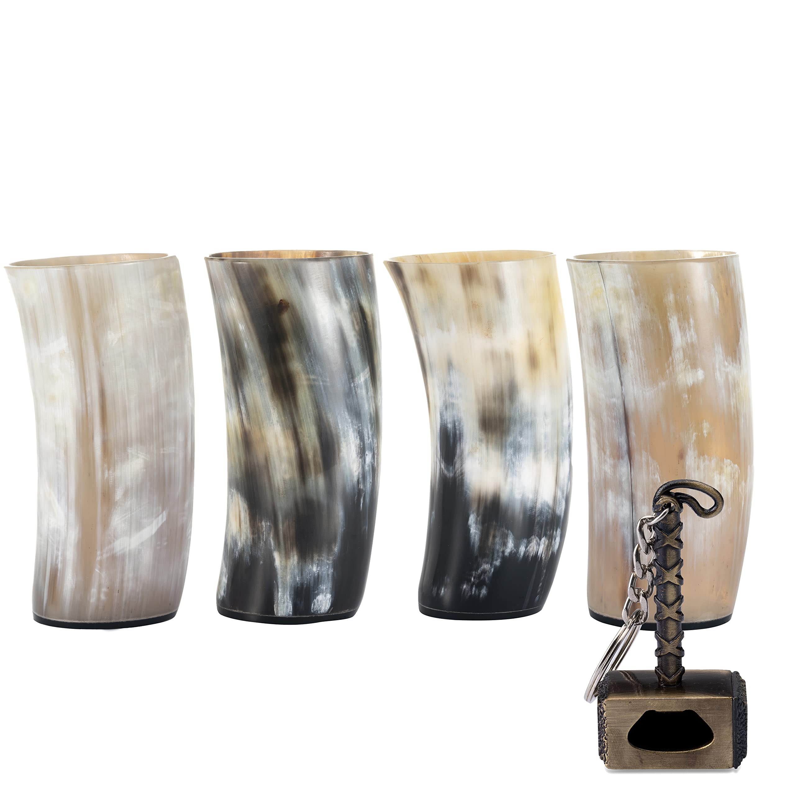 FENRIR Viking Drinking Horn Mug Set of 4 – Gifts for Men, Dad, Husband – Unique Viking Gift – Natural Ox Horn Cup with Opener – For Beer, Ale, Mead (12-13 Oz/Glass)