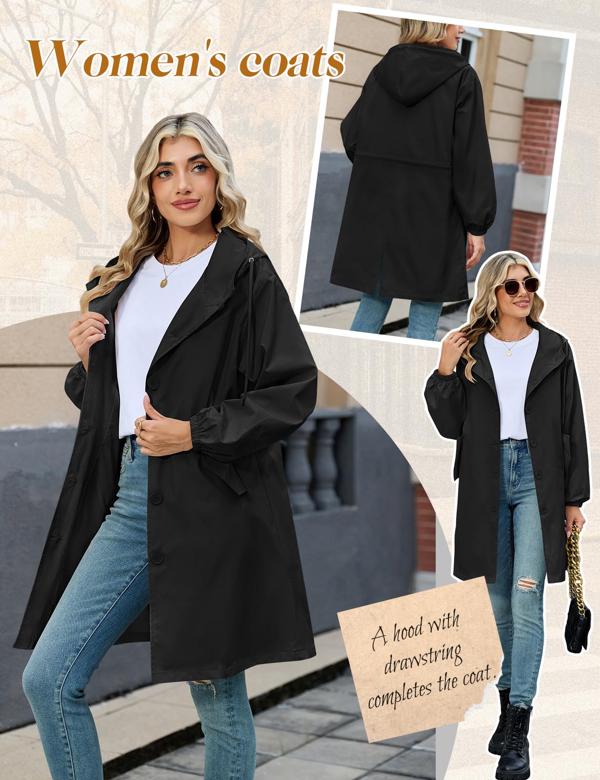 CMTOP Mantel Damen Lang Elegant Leichte Trenchcoat, Klassische Einfarbig Mäntel Winddichter Übergangsmantel Wasserabweisend Windjacke mit Taschen, Kapuze für Herbst Frühling Sommer