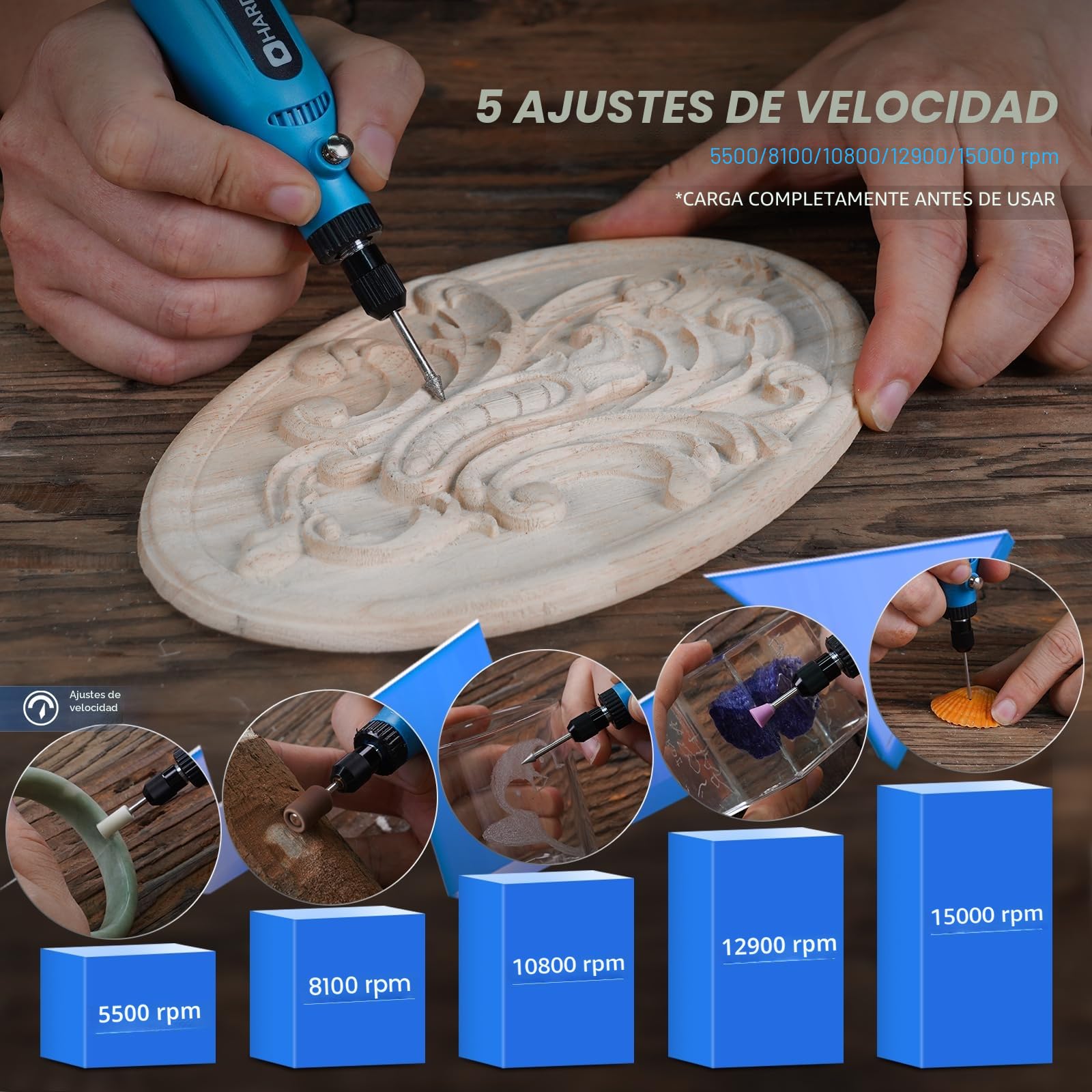 HARDELL Mini Amoladora Eléctrica, 3.7V Herramienta Rotativa Inalambrica con 43 Accesorios, Usar Mientras Se Carga, 5 Velocidades Variables para Pulido, Grabar, Taladro, Lijado, Moler, Bricolaje