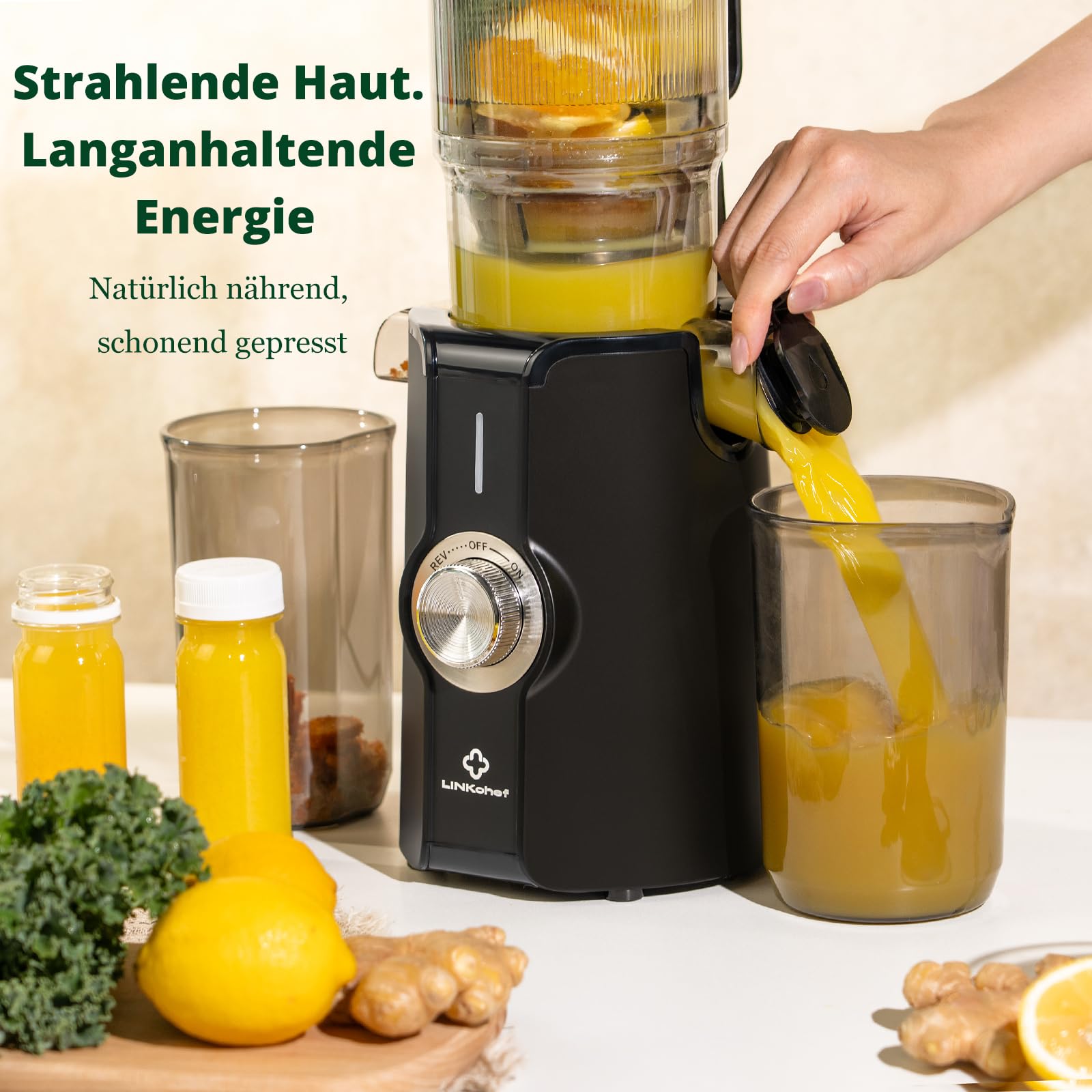 LINKChef Entsafter Slow Juicer, 115 mm Große Einfüllöffnung für Entsafter Gemüse und Obst Testsieger, Kaltentsafter 200W, BPA-frei, Einfach zu Reinigen und Montieren, Schwarz