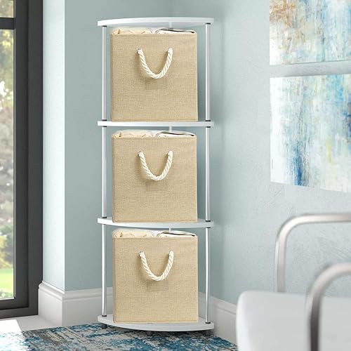 Miniatura 6 de i BKGOO Contenedores plegables de almacenamiento de tela de bambú beige y blanco, organizador resistente con asa de cuerda de algodón para oficina