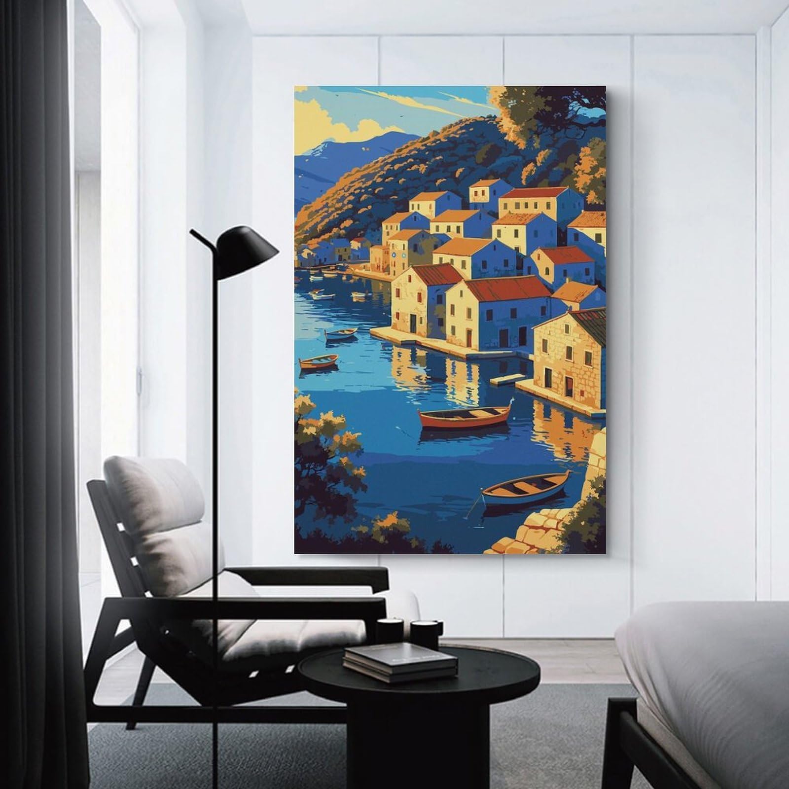 Junmoney Coastal Village with Boats And Reflections Canvas Art Print, 20x30inch(50x75cm), for Wall Displays, Bedrooms Or Room Updates, Home Wall Art for Statement Displays