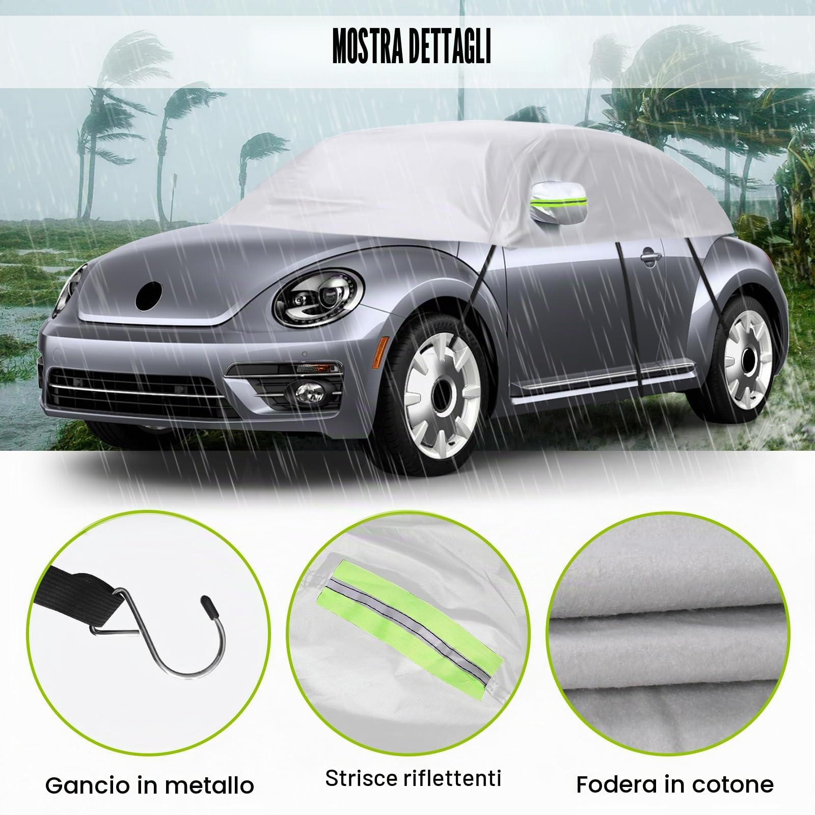 Copriauto Impermeabile Sostituzione per VW Beetle 1998-2019, Metà Copertura per Auto Resistente Ai Raggi UV, Metà Garage Antipolvere, per Esterni ed Interni | Mezzo copriauto resistente ai raggi UV, antipolvere, anti-neve, resistente al sole, per esterni