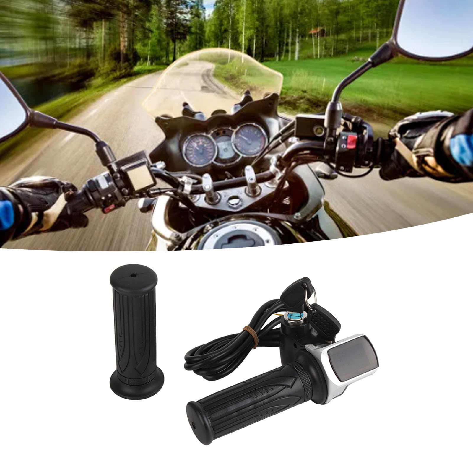 Acelerador de bicicleta eléctrica, manillar de manillar de 36 V, acelerador de medio con indicador LED de encendido, bloqueo de teclas para bicicletas eléctricas, scooters (negro)