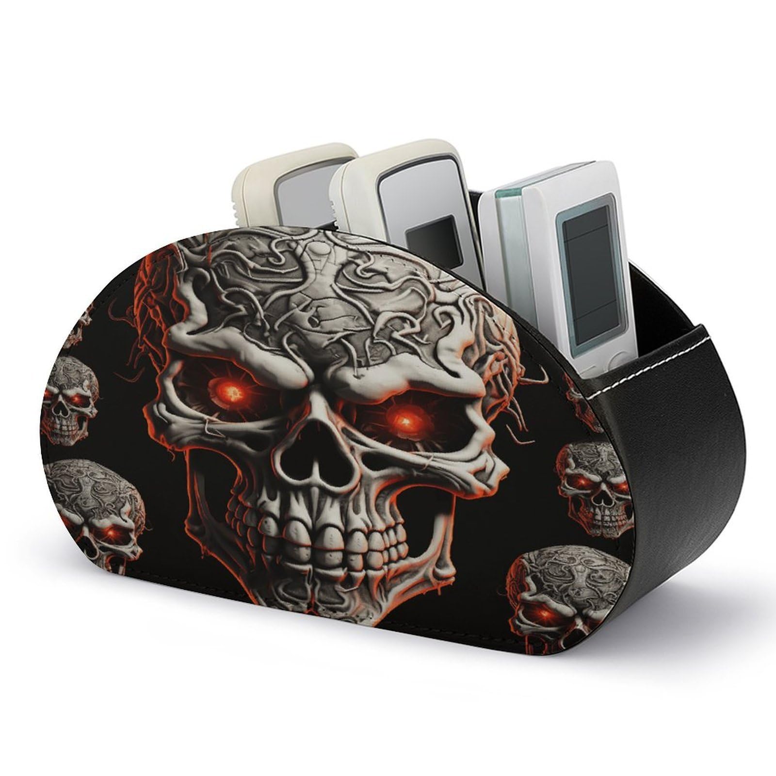 VstaDank Evil Skull Remote Control Holder with 5 Compartments PU Leather TV Remoter Caddy Desktop Organizer TV Remote Holder Remote Box for Media Controllers Office Supplies