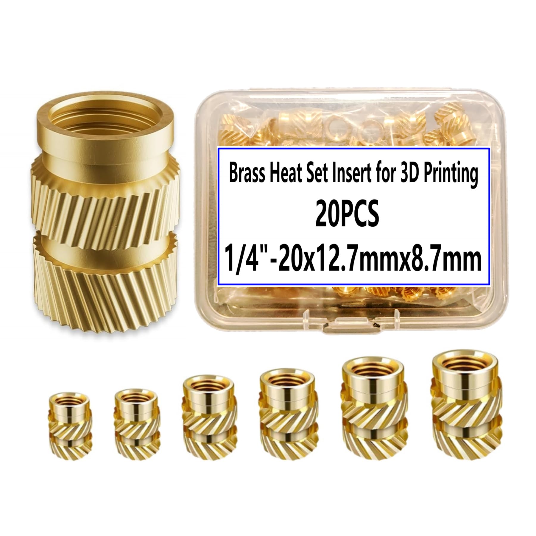 20pcs 1/4" Brass Threaded Inserts, UNC Knurled Nuts, 1/4"-20x12.7x8.7 Heat Set Insert for 3D Printing Components and Plastic Parts