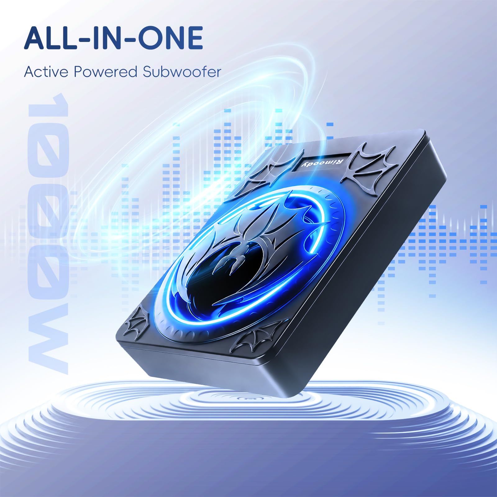 Rimoody Subwoofer Attivo a Progetto Piatto da 10 Pollici per Auto - 1200W Potenza Max, Bass Boost, Protezione Termica, Kit Montaggio Sotto Sedile LED Luci multiple