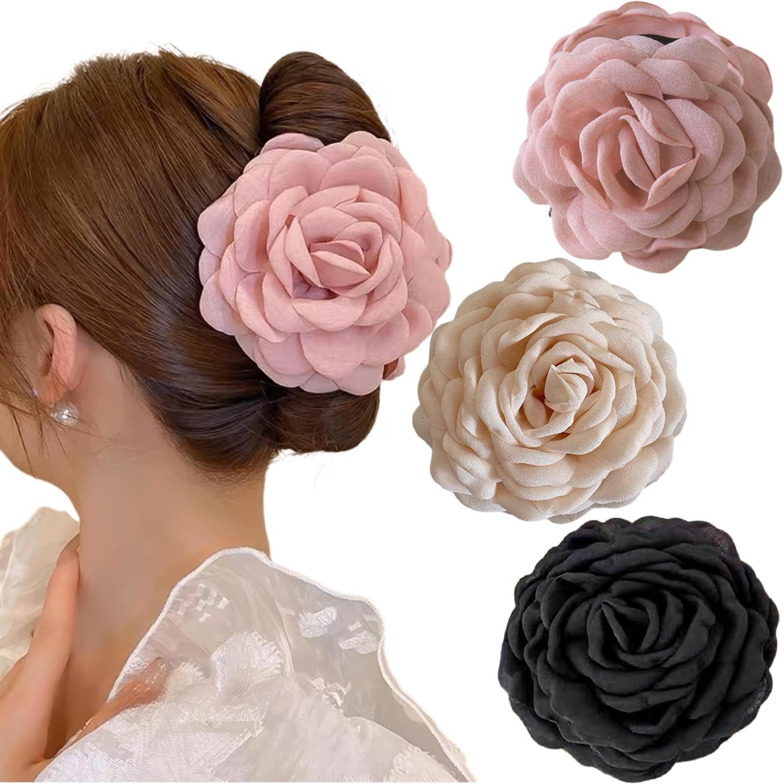 Set di 3 fermagli per capelli a forma di rosa grande, per donne e ragazze (nero, beige, rosa chiaro)