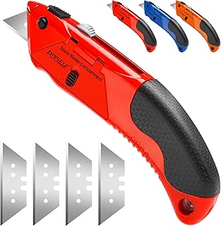 DIYSELF 1 Pack Utility Knife, Box Cutter Heavy Duty with 4 Pcs Sharp Blades, Storage Space in Handle, Box Cutter Retractable for Cutting Cartons, Cardboard, Boxes, and Carpet, Razor Knife