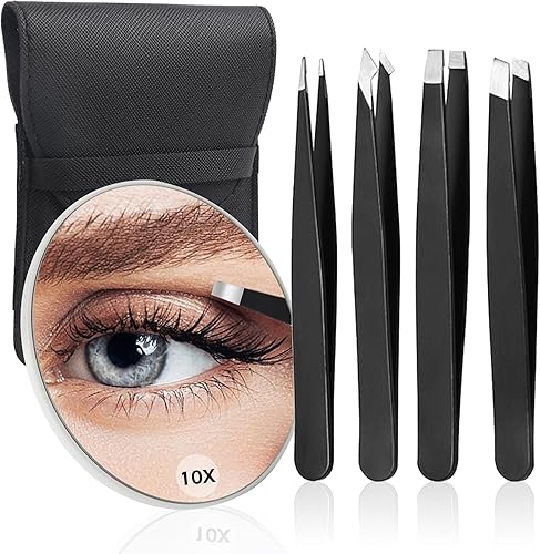 Miniatura 1 de Pinzas y espejo de aumento 10X, espejo de viaje con aumento portátil y juego de pinzas profesionales para el aseo de las cejas, el vello facial, la