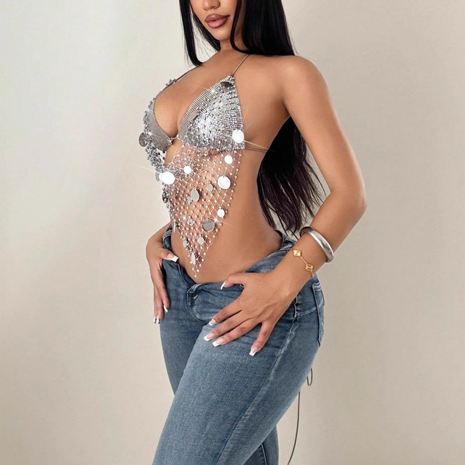 Glitter Strass Mesh Party Shirt Halterneck Paillettes Reggiseno Backless Body Chain per le Donne ' s Festival Club Serbatoi Top Donne ' s Festival Top