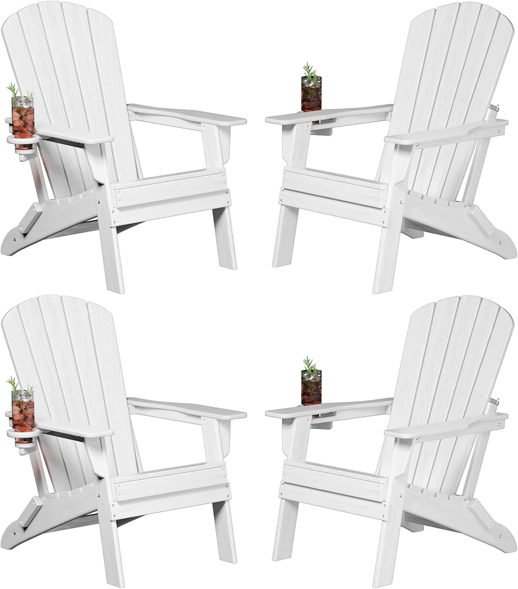Plawdlik Folding Adirondack Chair, SGS Tested, Wooden Textured with Cup Holder, Heavy All-Weather HDPE Comfortable Set Poolside Backyard Lawn White Set 4