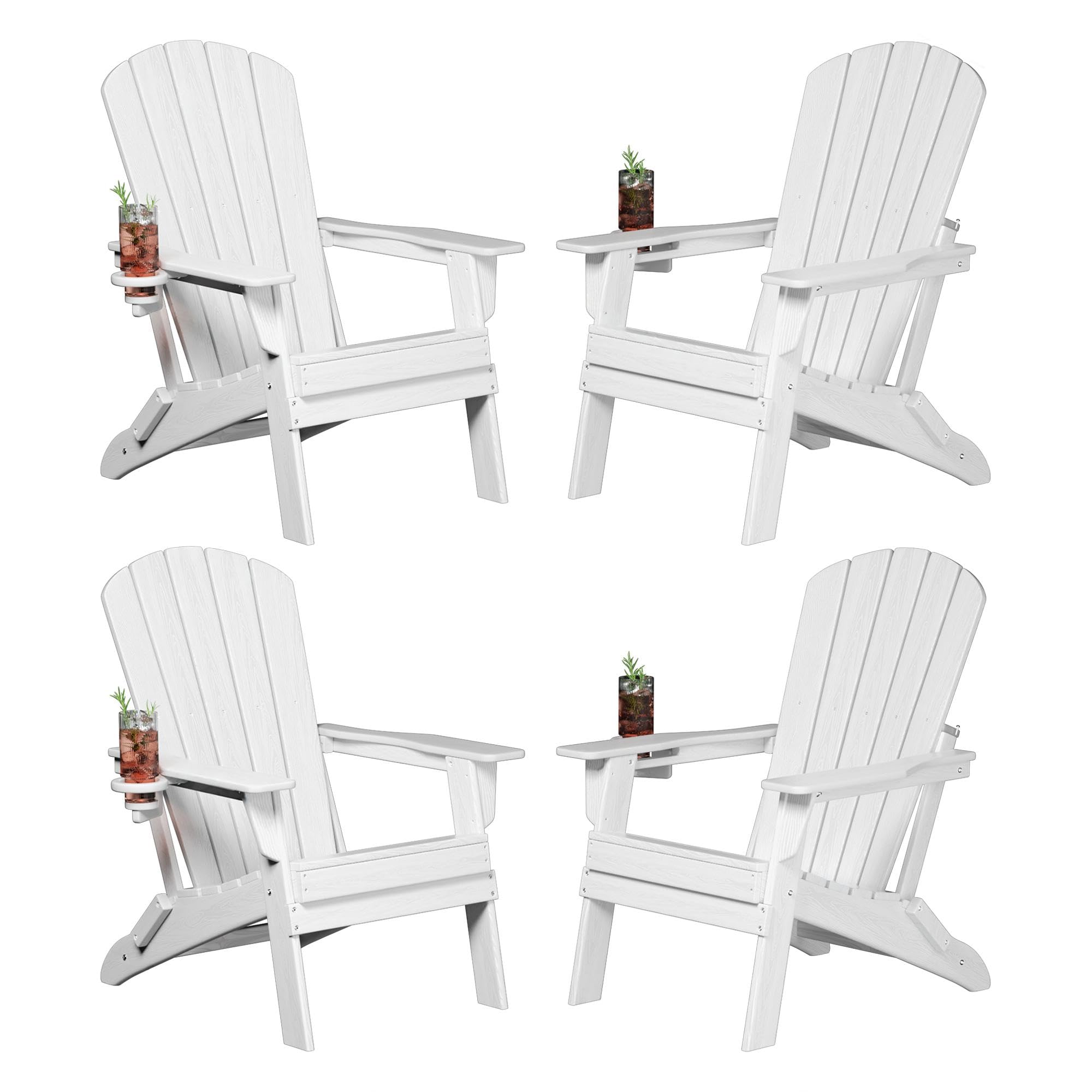 Plawdlik Folding Adirondack Chair, SGS Tested, Wooden Textured with Cup Holder, Heavy All-Weather HDPE Comfortable Set Poolside Backyard Lawn White