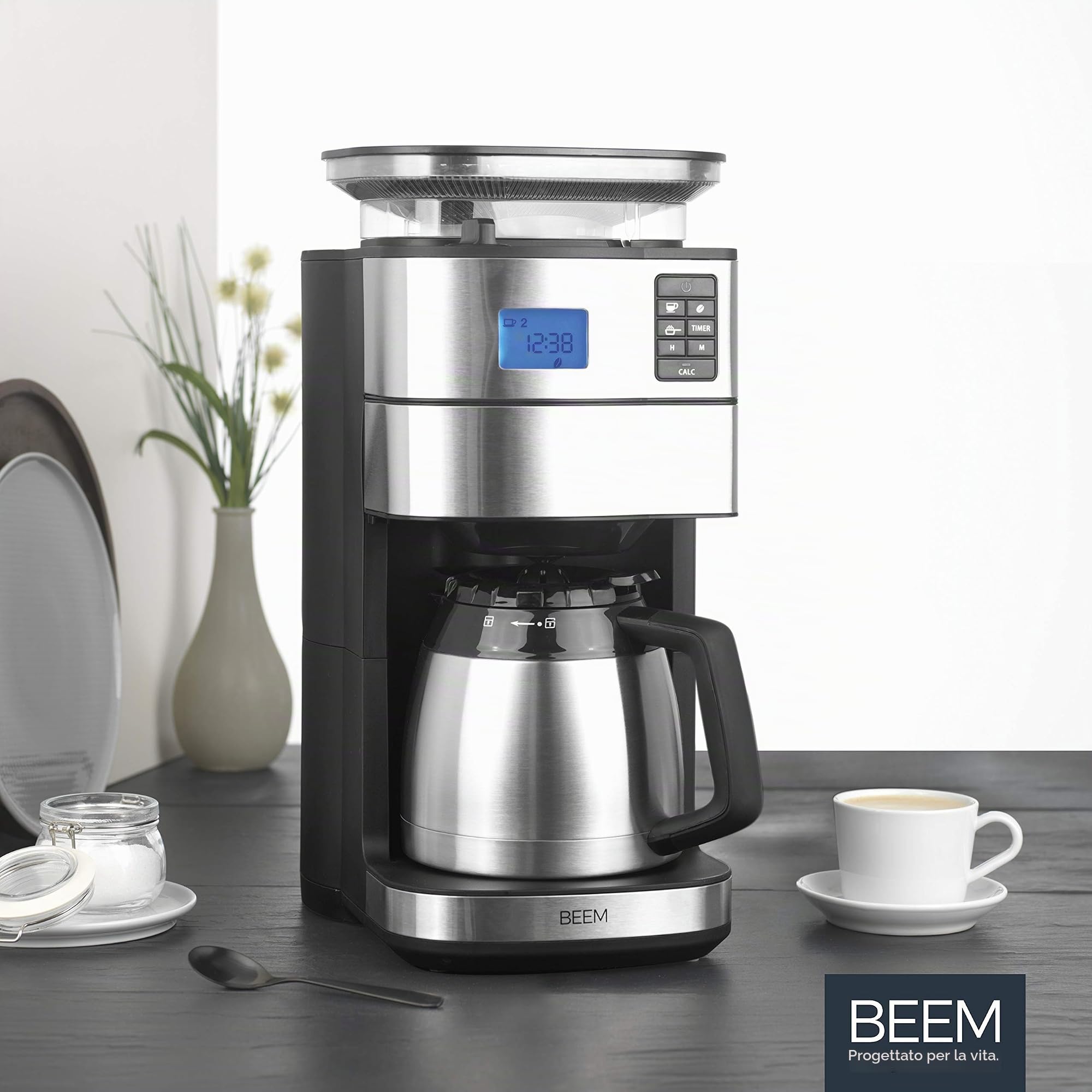 Caffettiera filtrante BEEM FRESH-AROMA-PERFECT II con macinacaffè - Thermo | in acciaio inox | caraffa termica | 24h-timer | 1000 W | contenitore per caffè in grani da 180 g