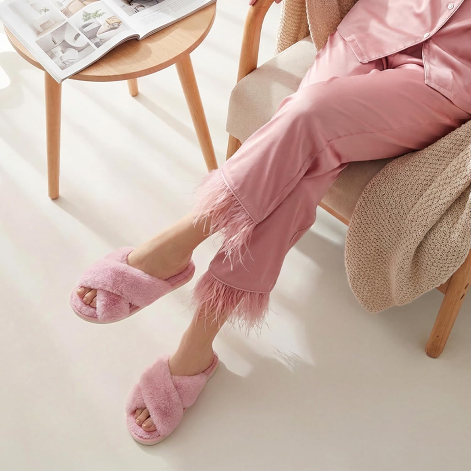 Ankis Womens Fuzzy Slippers Memory Foam Cross Band Cozy House Slippers Plush Home Fluffy Furry Slippers Open Toe Cute Soft Ladies Indoor Outdoor Slipper Slides Wedding Bride Shoes Gifts - Image 2