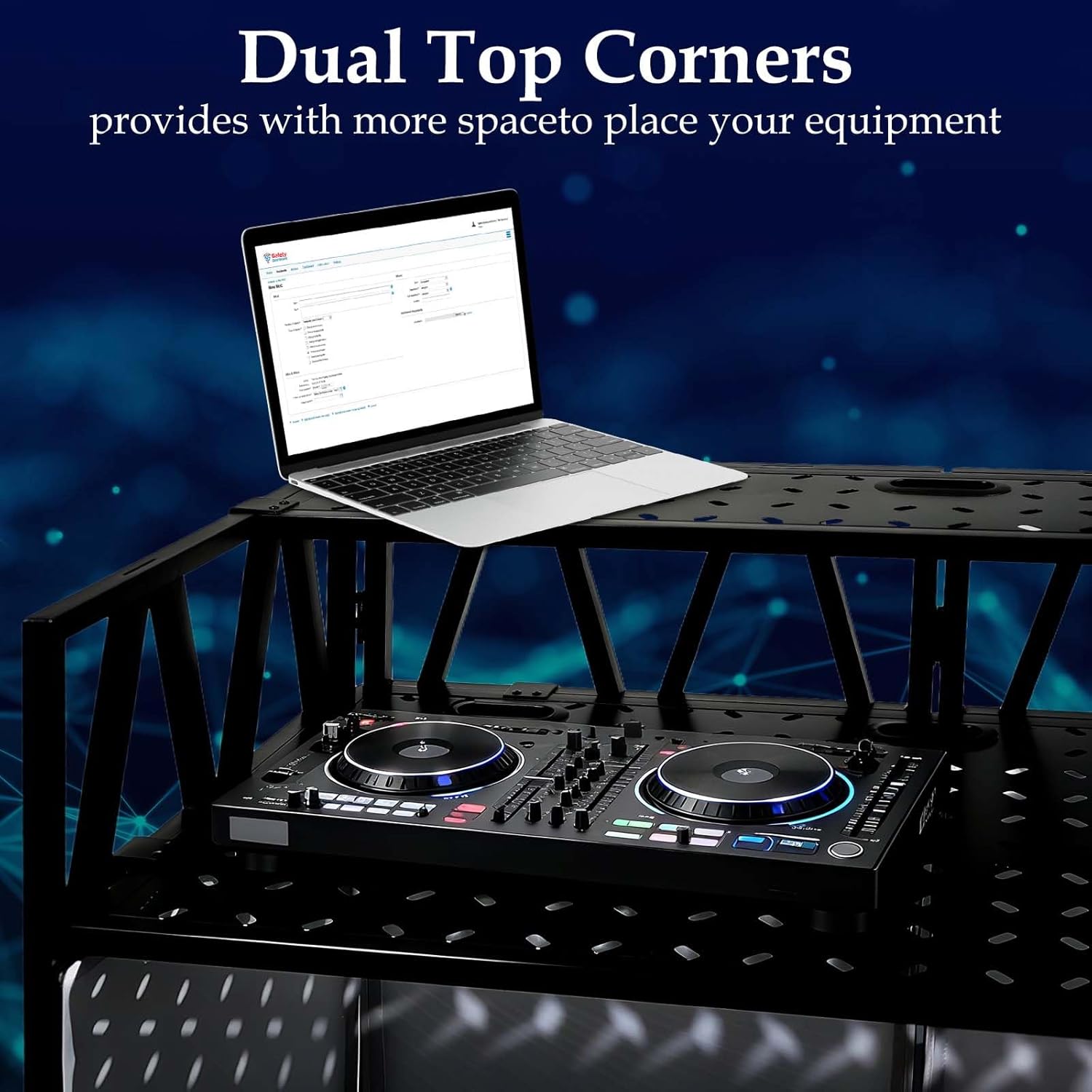 Portable DJ Booth Facade Stand, Foldable DJ Table 40" x 20" x 45" Tabletop, DJ Facade Station for DJ Controller, Mixer & LaptopEvents&Parties – Includes Carry Bag&Two Metal Corner Tables.