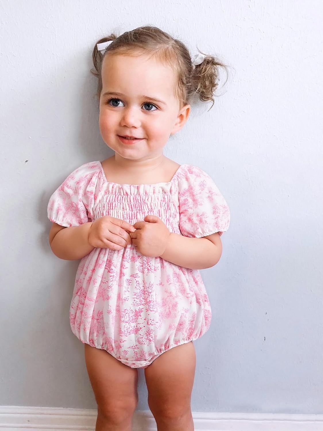 Infant Baby Girls Romper Floral Ruffle Sleeve Pleated Smocked Bubble One Piece Ruched Jumpsuit Summer Bodysuit