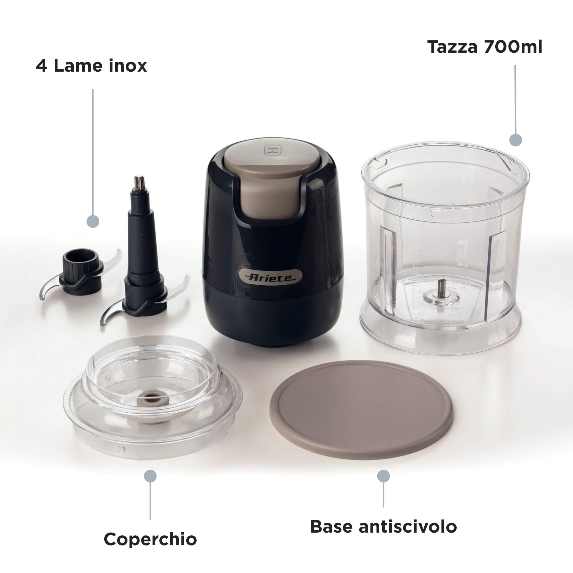 Ariete 437 Tritatutto Breakfast, Chopper, 400W, Capacità 700ml, 4 lame in acciaio inox, 2 velocità, Base antiscivolo, Dark Grey