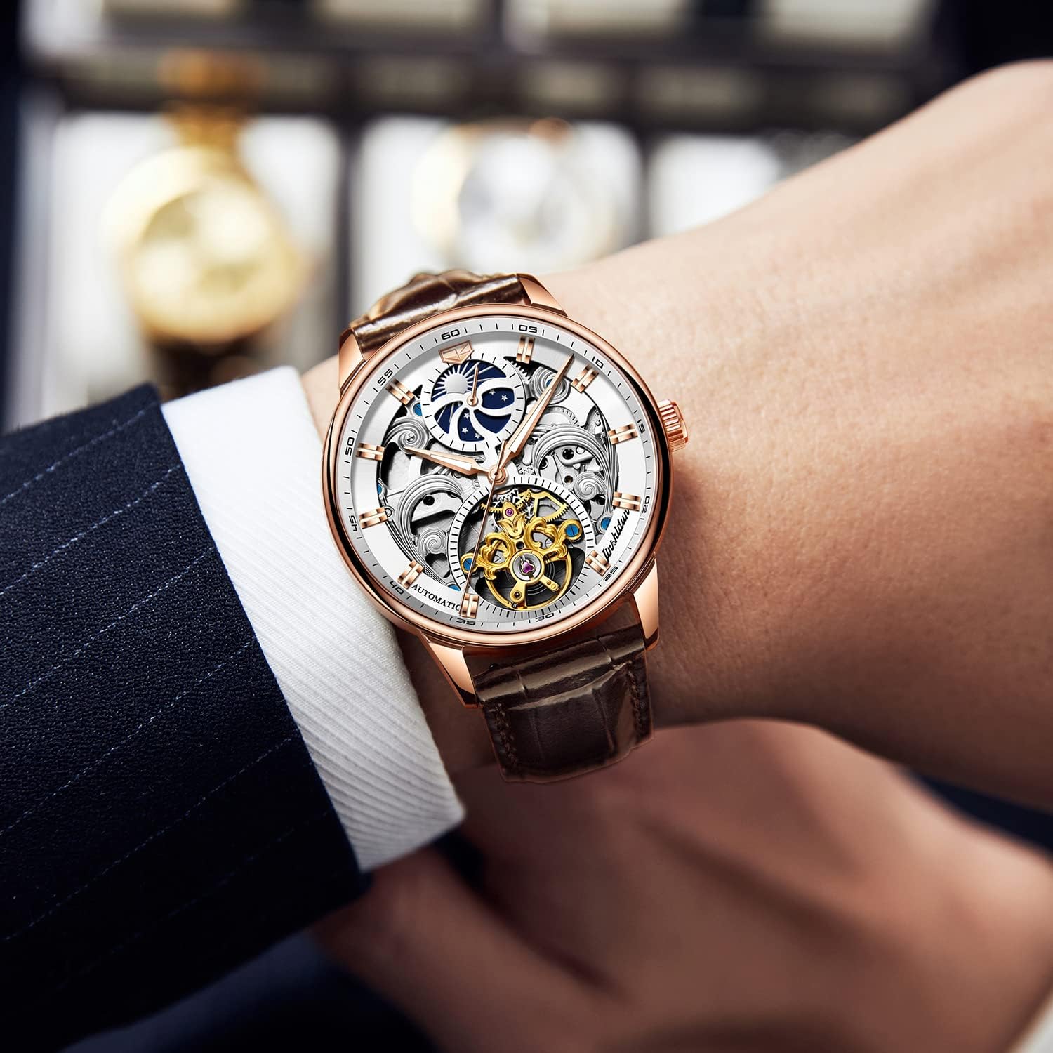 OLEVS Gold Skeleton Men's Automatic Mechanical Watches self Winding Luxury Dress Shiny Diamond Stainless Steel Waterproof Luminous Wrist Watches - Image 4