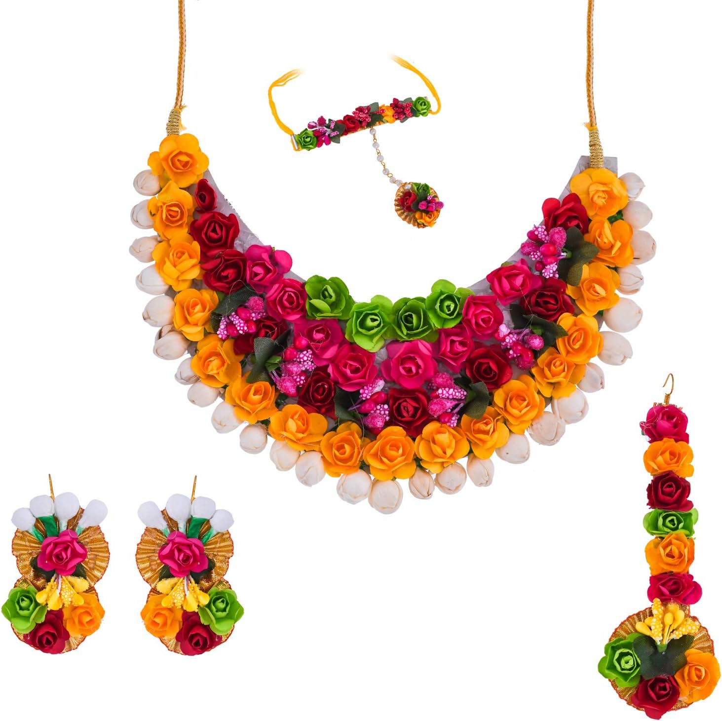 Paper & Fabric Gold Plated and Pearl Necklace & Earrings & Bracelet & Maang Tika for Women (Set of 5) (Pink)