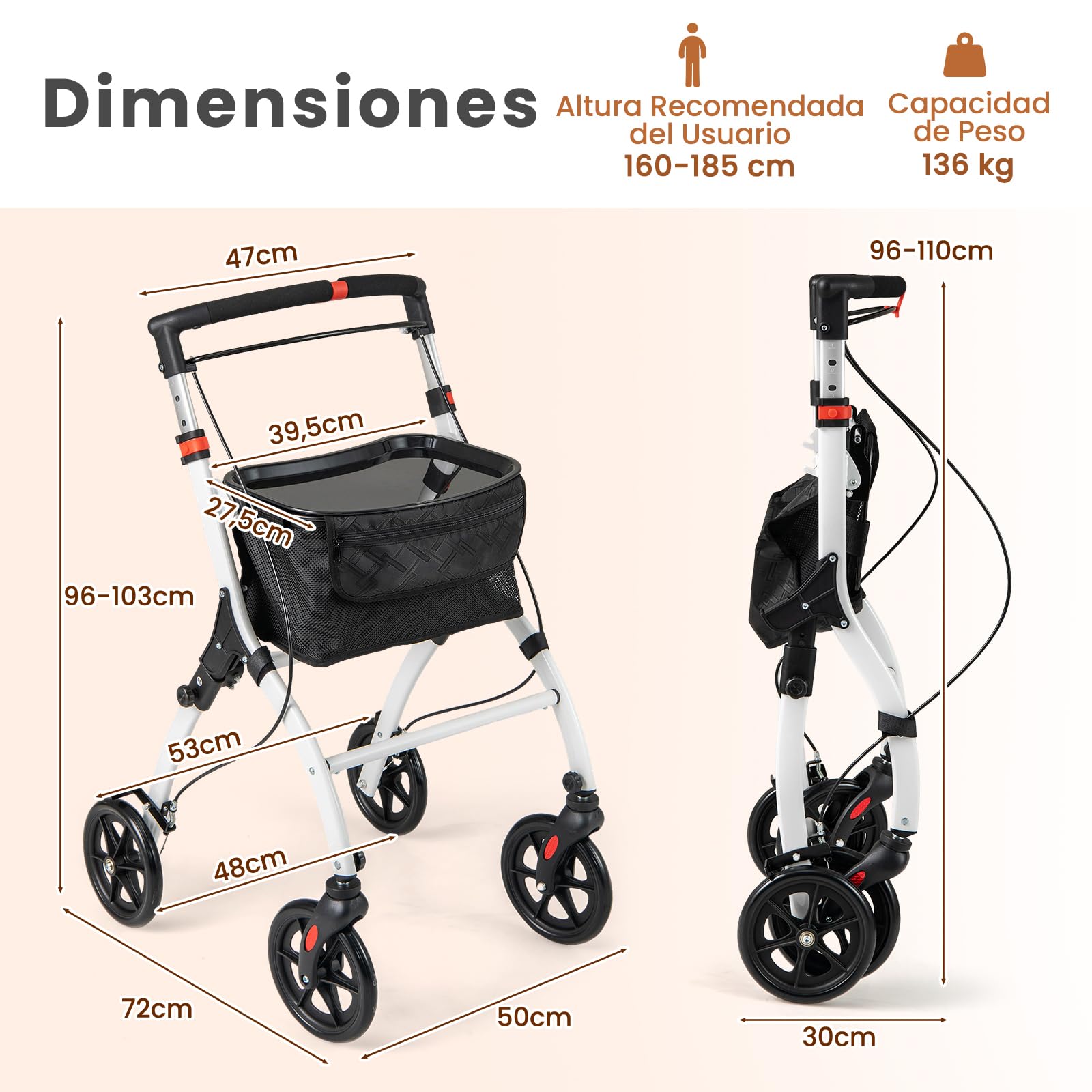 COSTWAY Andador para Ancianos con Bandeja, Caminador Anciano Ligero Plegable, Cesta de Almacenamiento, 4 Ruedas y Frenos, Andadores Estrechos con Altura Ajustable para Personas Mayores