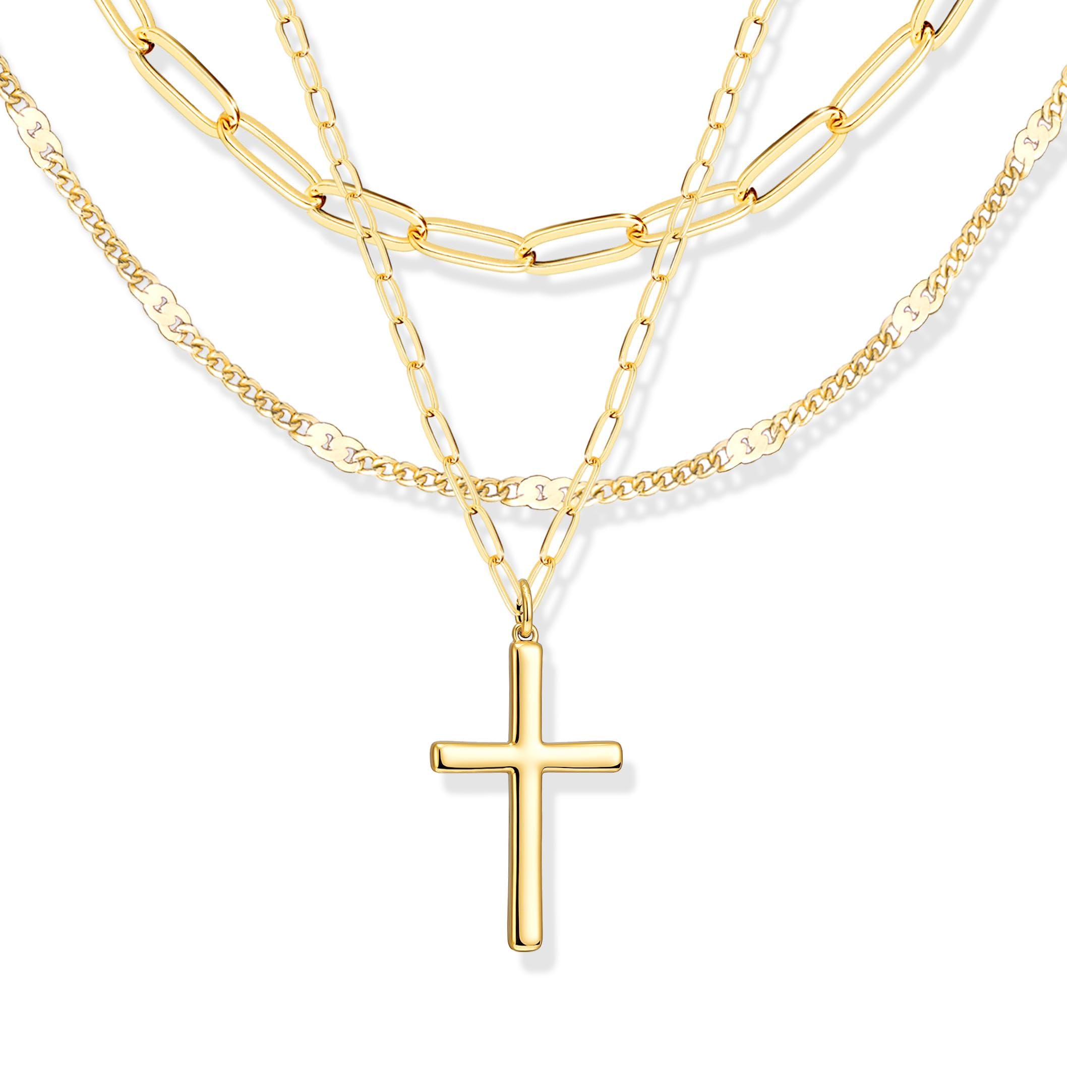 Layered Gold Necklaces for Women, Stackable Dainty 14K Gold Silver Plated Trendy Circle Paperclip Chain Pendant Choker Necklace,Simpl Diamond Cross Bow Jewelry Set Gifts for Women