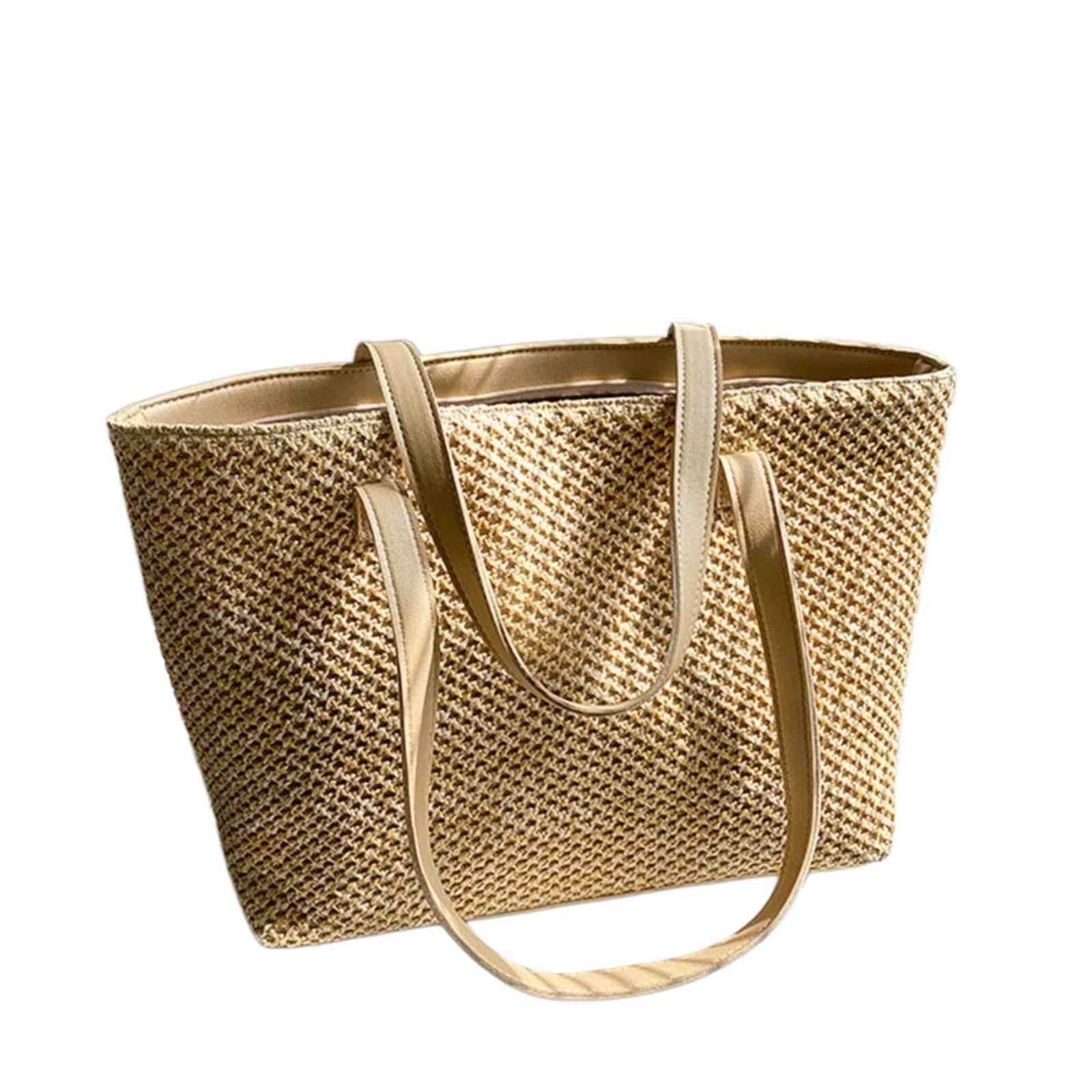Borsa Spalla Paglia Tote Tessuta Quadrata A Superiore Aperta con Fodera di Grande capacità per La Spiaggia Dell'ufficio dello Shopping Viaggi Giornalieri-Khaki