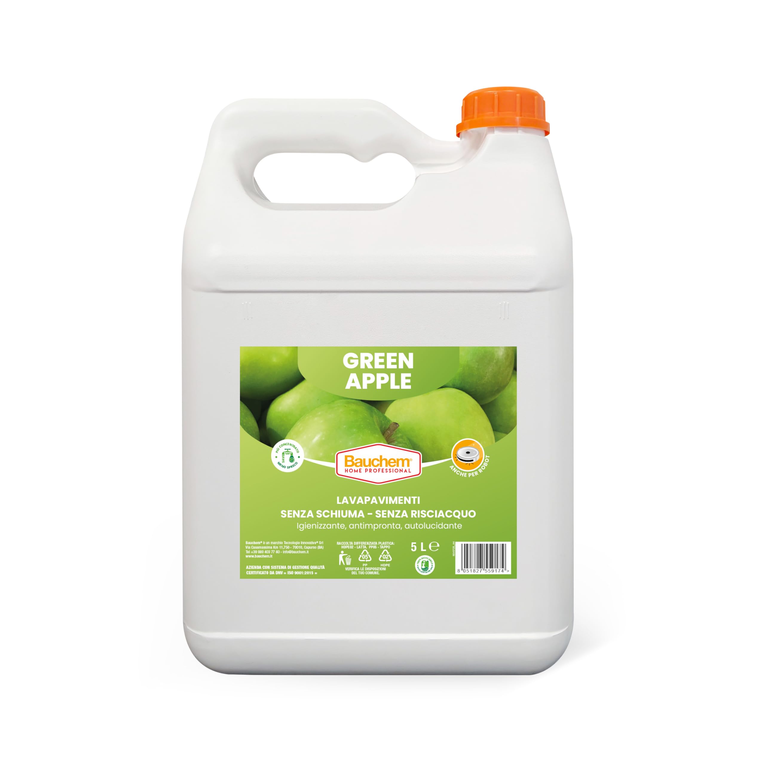 Detergente Pavimenti Green Apple per Robot, Macchine Lavapavimenti e Manuale, Auto Lucidante e Anti Impronta 5 L