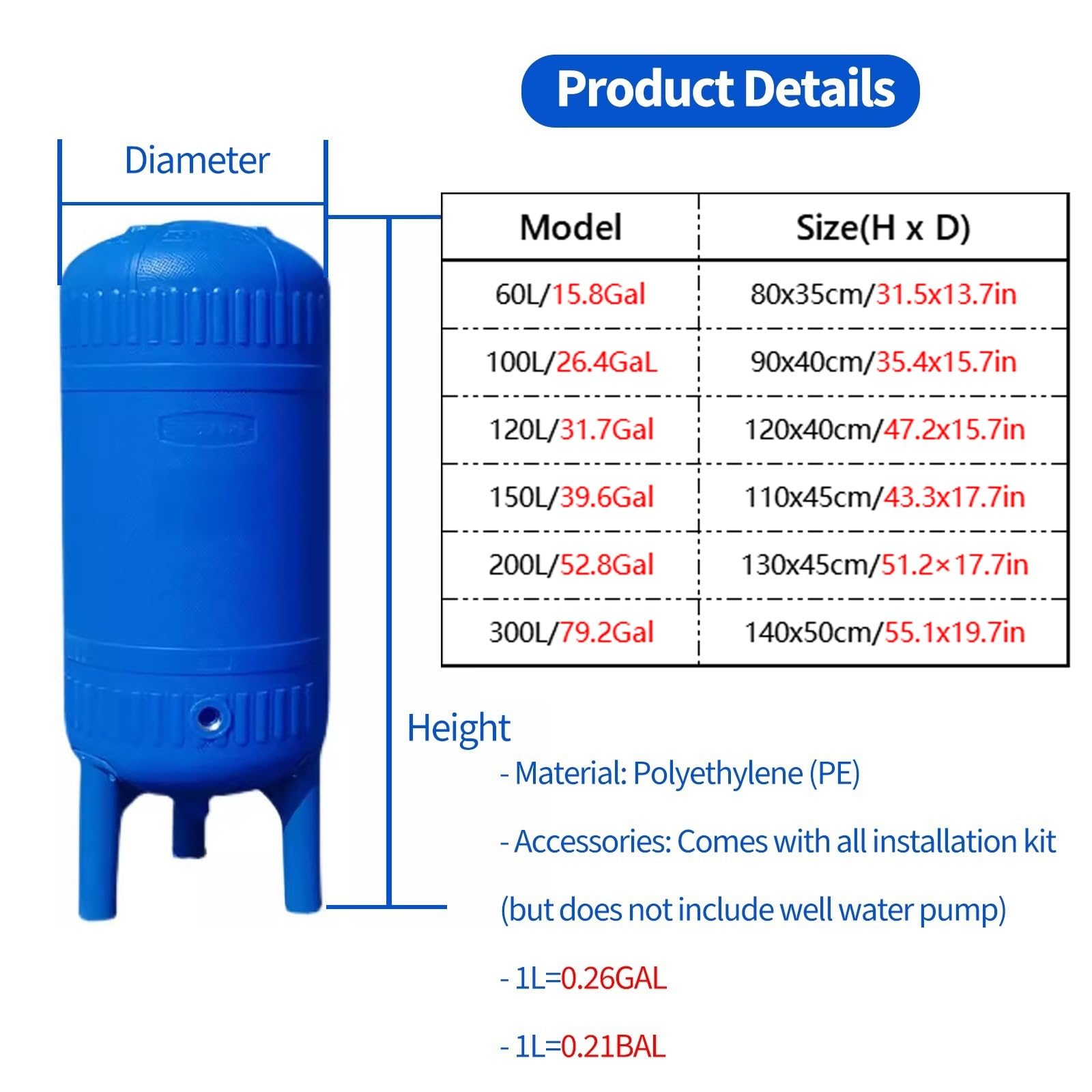 JYHHCYS Vaso de expansión Tanques De Presión para Bombas De Pozo, Tanques Verticales Precargados, Contenedores De Almacenamiento De Agua Independientes, para Cocina, Ducha(60L - 80x35cm/31.5x13.7in)