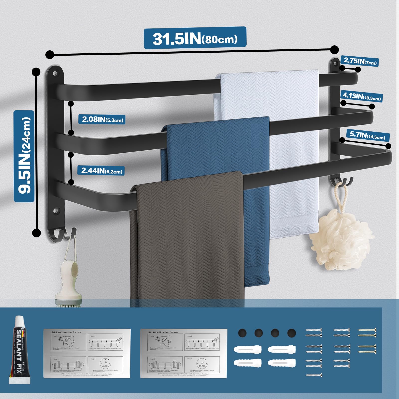 Toallero negro 80 cm, toallero sin taladrar, toallero de aluminio, montaje en pared, barra de 3 pisos con ganchos, toallero para baño, cocina, baño, accesorios
