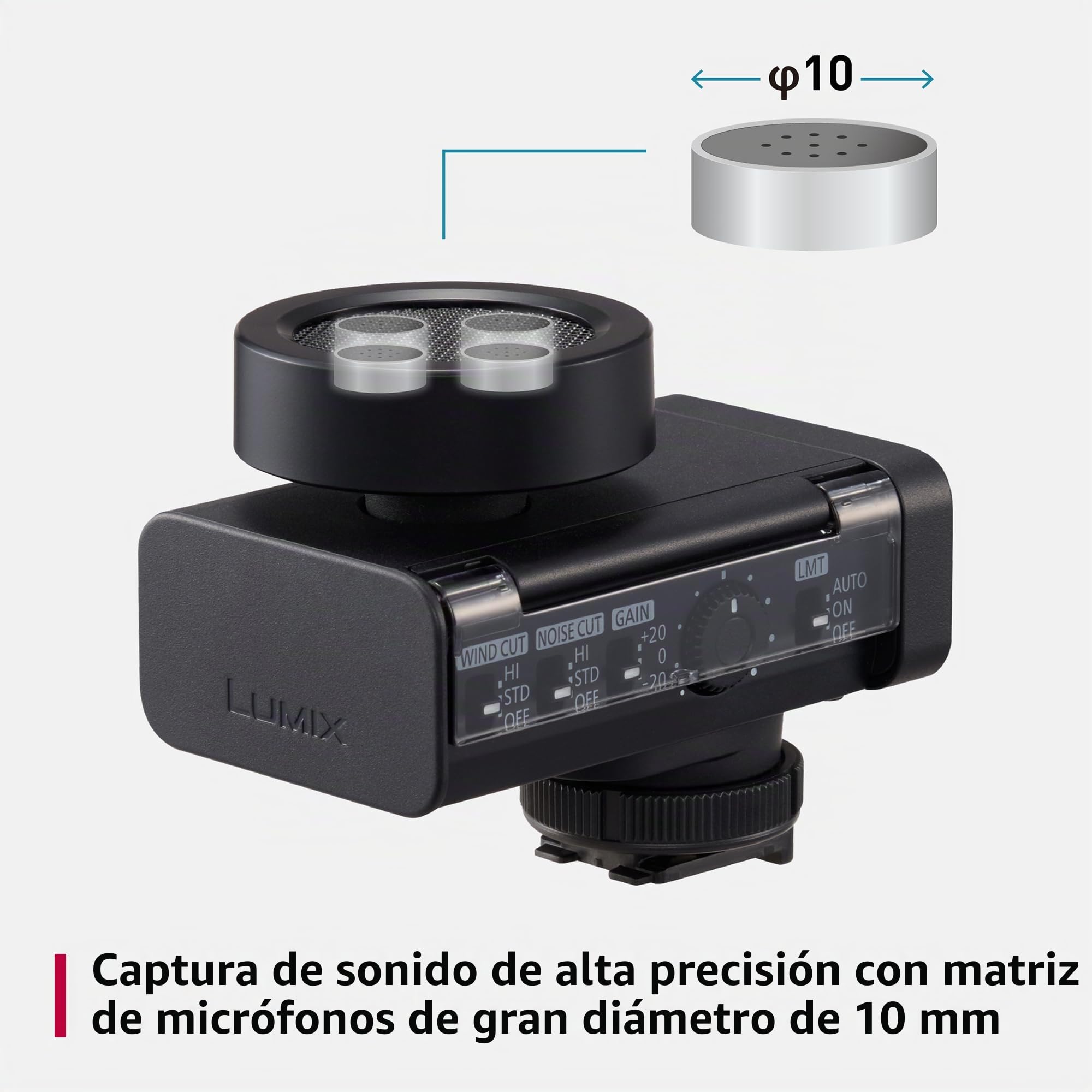 Panasonic Lumix DMS1 Micrófono de Escopeta Digital, Float 32 bits, Audio 4 Canales, 6 Modos direccionales, inalámbrico, reducción de Viento y Vibraciones, con Funda Inteligente.