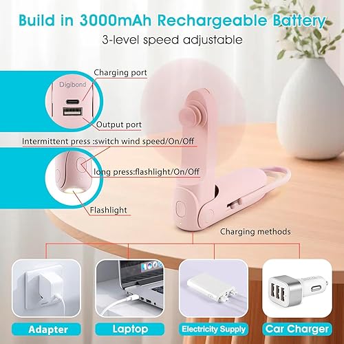 Miniatura 4 de Ventilador de mano rosa, ventilador portátil en forma de bala de 2000 mAh, batería recargable USB, funciona 6 en 1, ventilador personal plegable,