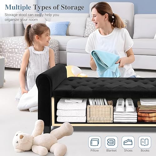 Miniatura 23 de Banco otomano de almacenamiento con brazos, banco de lino para dormitorio, banco de almacenamiento con botones para entrada, sala de estar, pasillo,