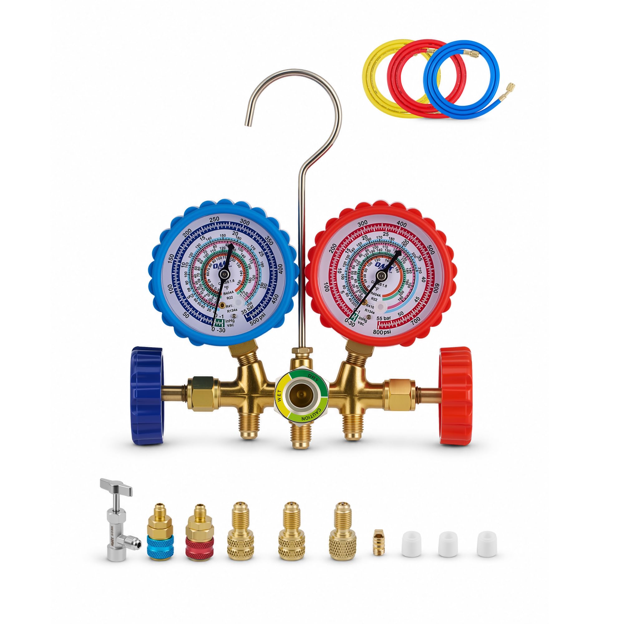 Orion Motor Tech AC Gauge Set, 3-Way AC Manifold Gauge Set for R134a R410A R404A R22 Refrigerant with 5ft Hoses, Automotive A/C Gauge with R134a Couplers Self-Sealing Can Tap R410A Adapter 29° Adapter